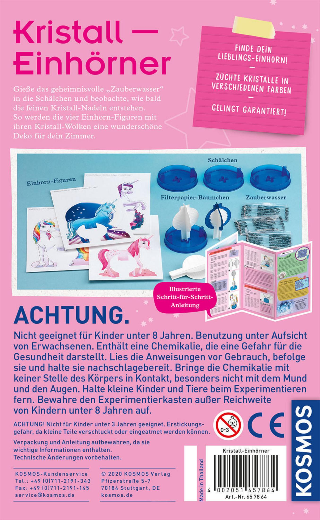 Die Rückseite einer Box mit Einhorn-Bildern und Text in mehreren Sprachen. Der Hintergrund ist rosa.