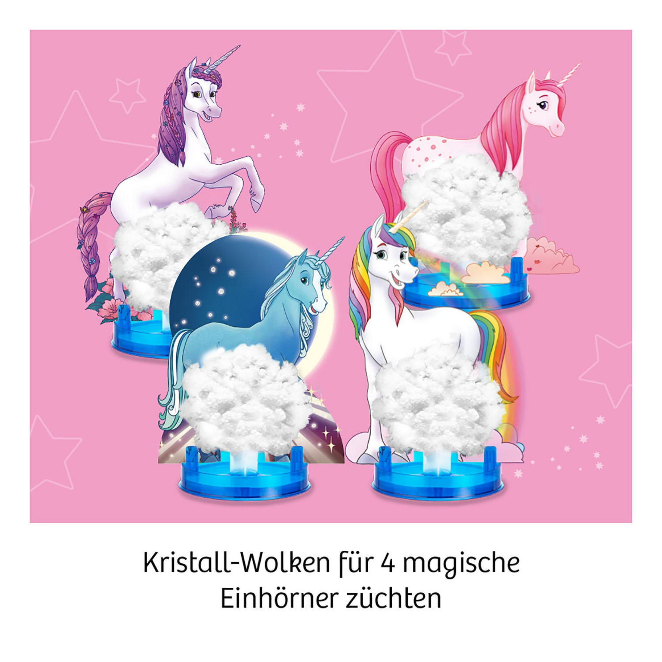 Vier Einhorn-Illustrationen, jede mit einer Watte-Wolkenbasis, auf einem rosa Hintergrund mit Sternen.