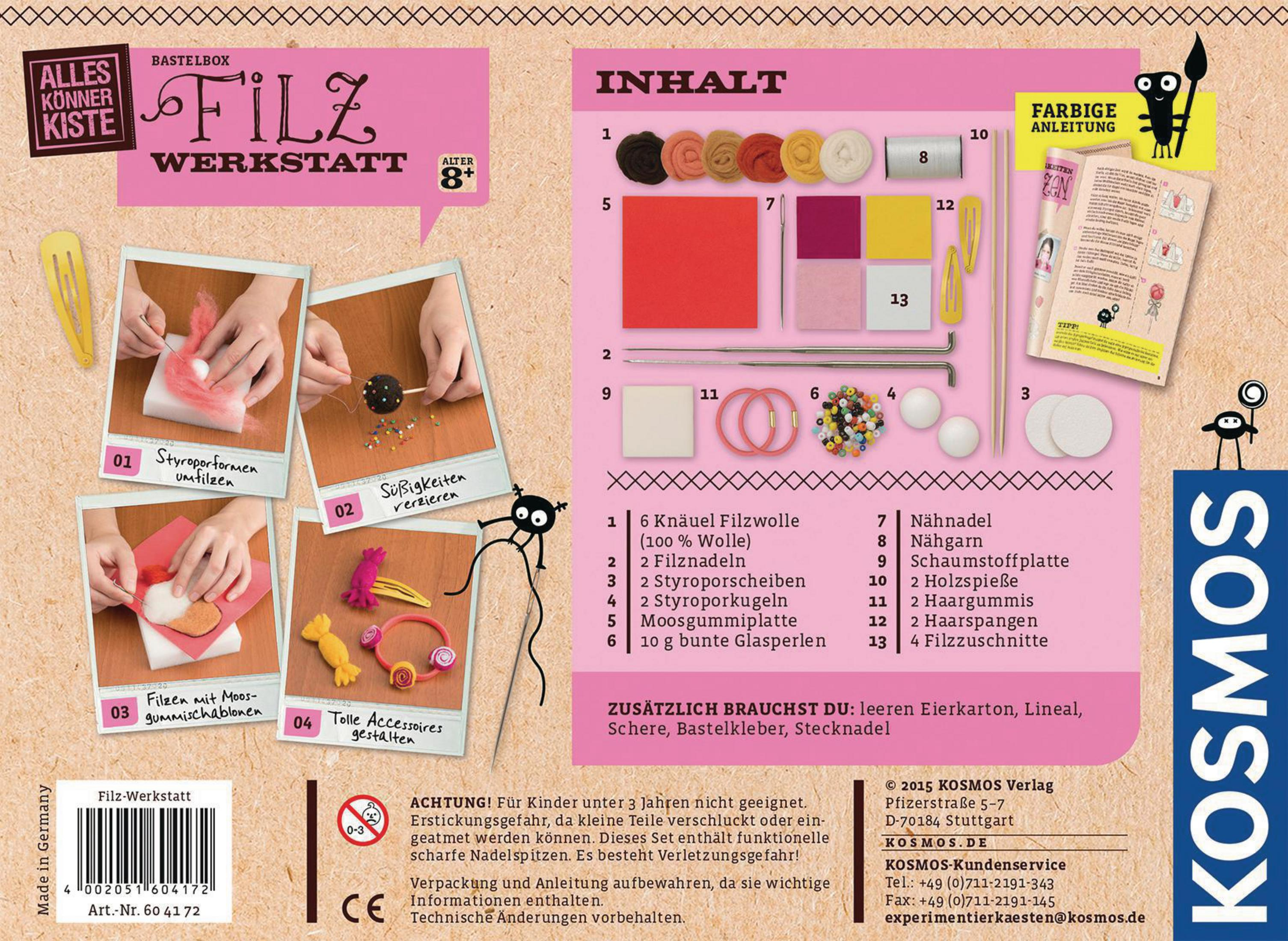 Die Rückseite einer Filz Werkstatt-Kit-Box. Es enthält Bilder und Anweisungen zum Basteln mit Filz.