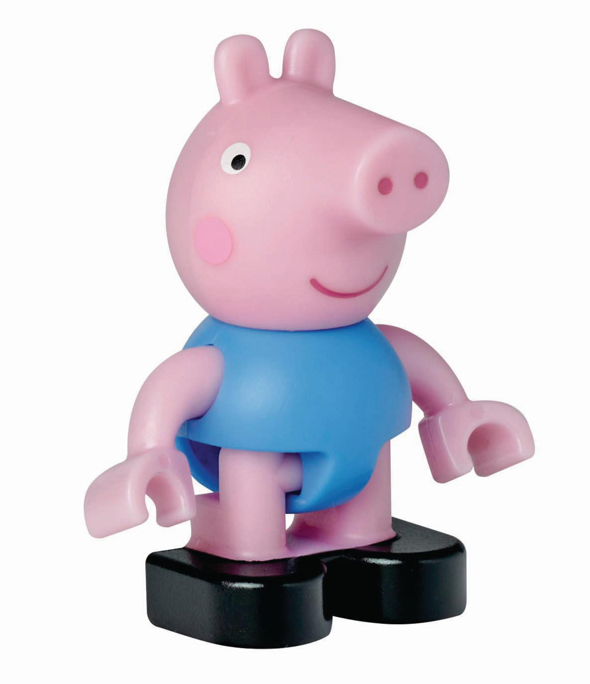 Eine Peppa Wutz-Figur, ein rosa Schwein in einem blauen Outfit. Es steht auf schwarzen Füßen.