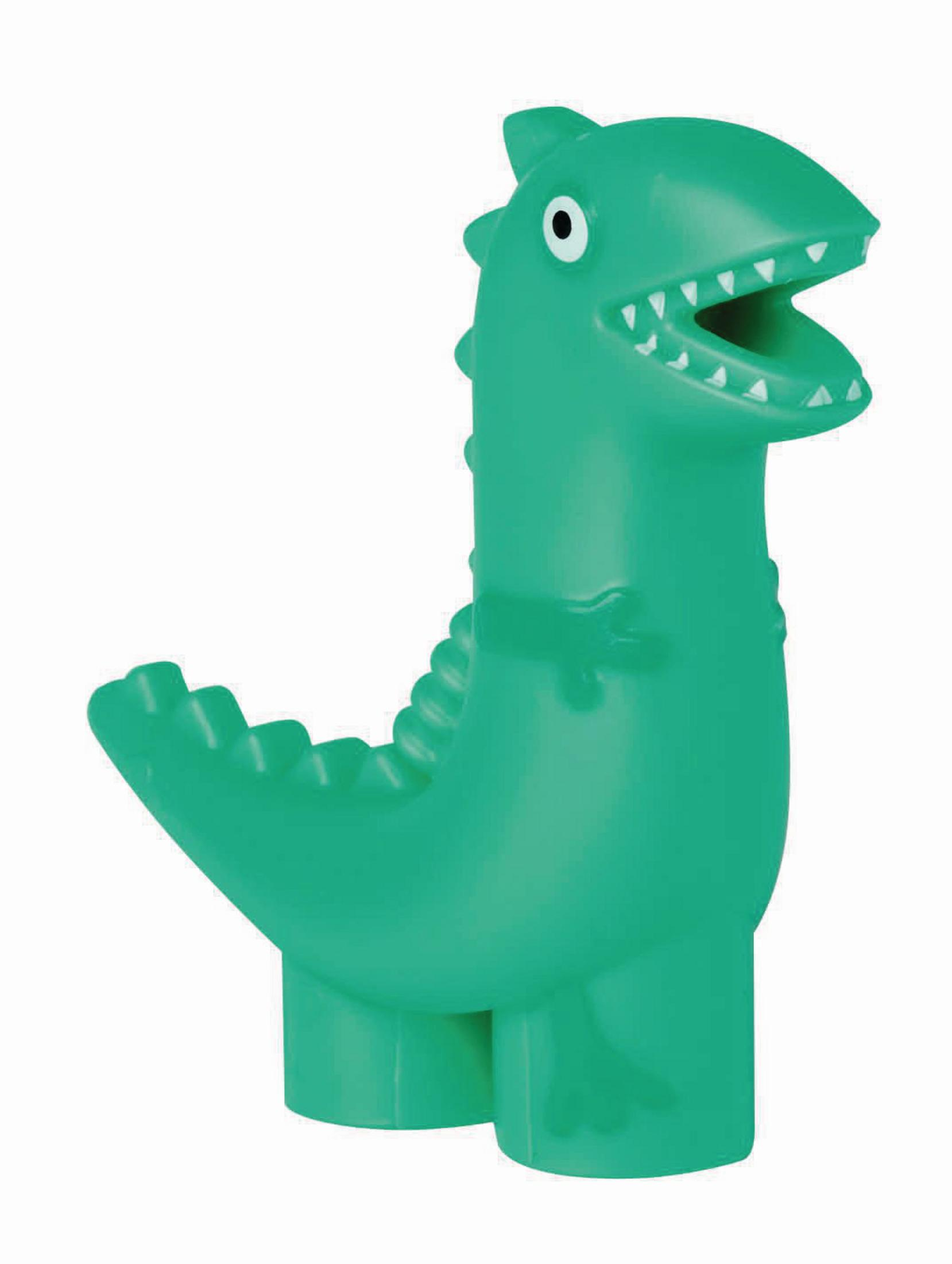 Grünes Dinosaurier-Spielzeug. Es hat einen offenen Mund mit weißen Zähnen. Weißer Hintergrund.