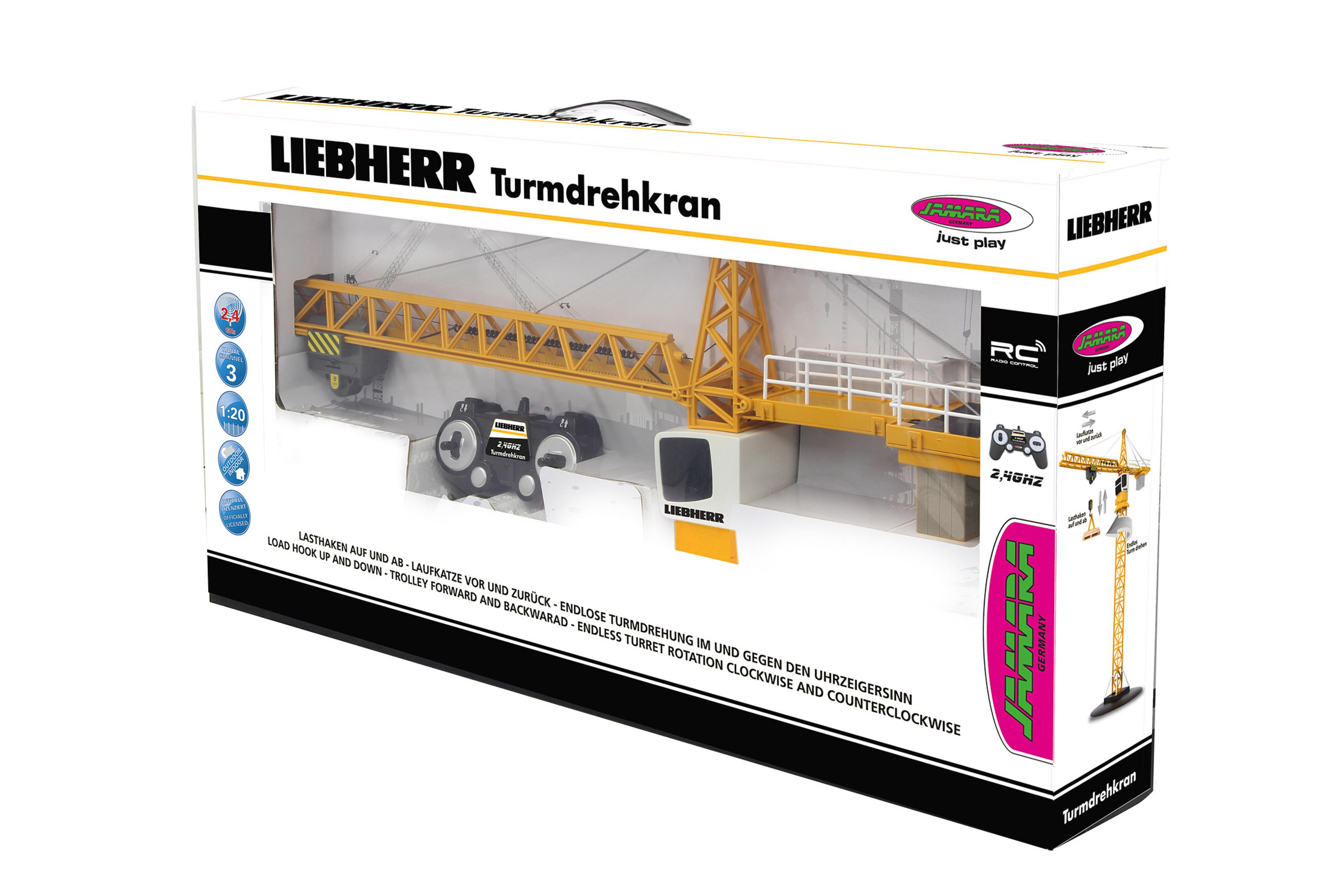 Ein Spielzeugkranmodell in einer Box, mit Text und Bildern des Krans und seiner Funktionen. Weißer Hintergrund.