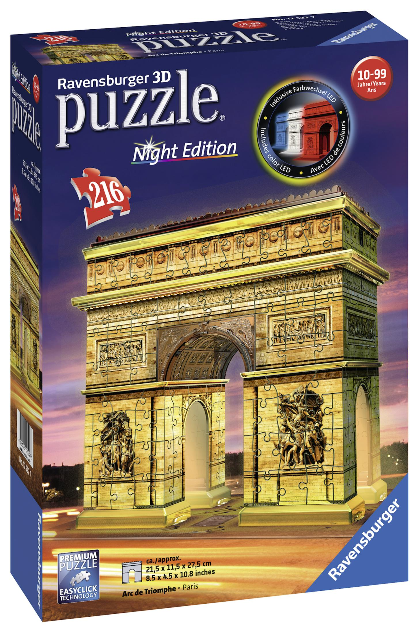 Ravensburger 3D-Puzzlebox: Arc de Triomphe bei Nacht, mit 216 Teilen.