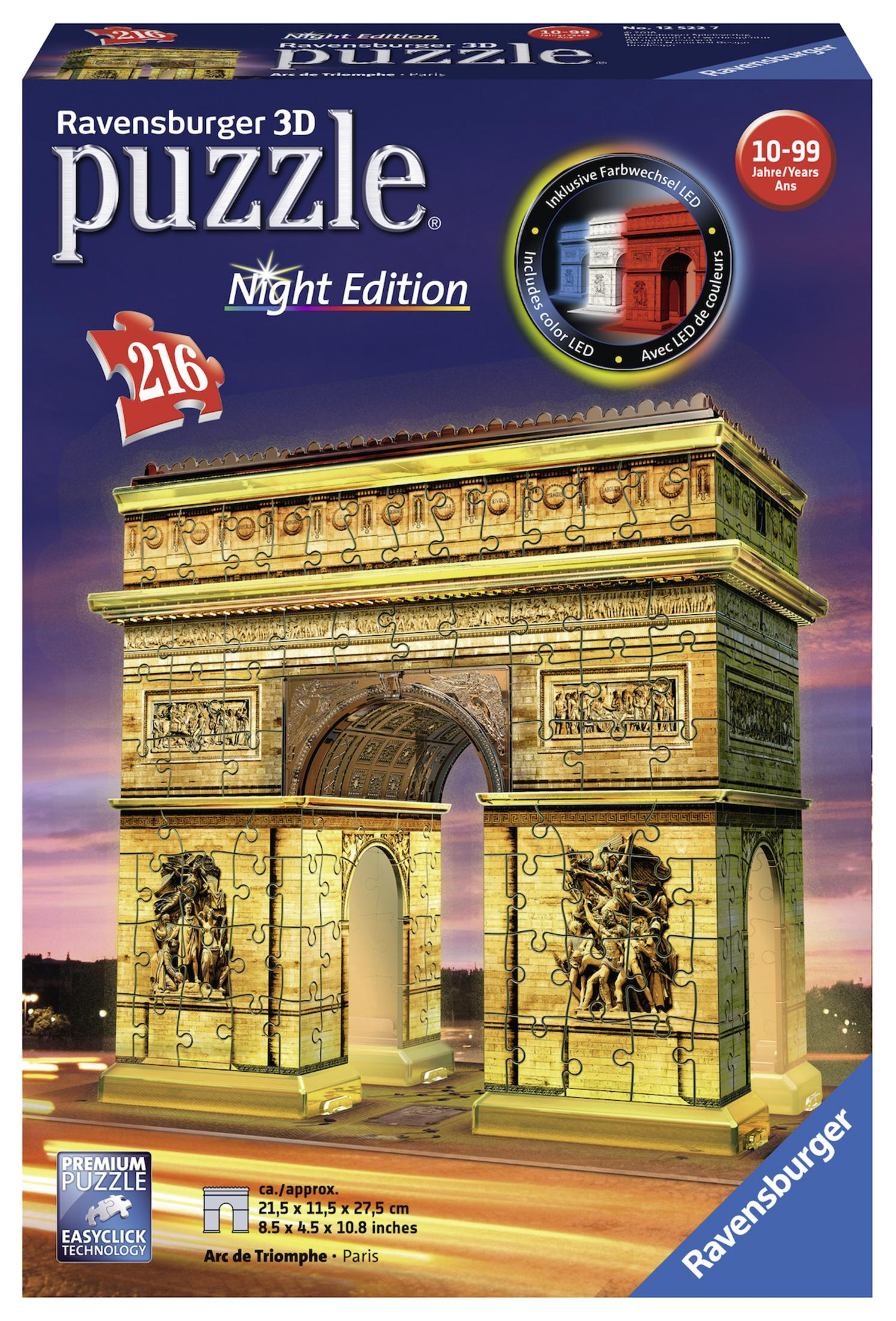 Eine 3D-Puzzle-Box des Arc de Triomphe, mit dem auf der Vorderseite montierten Puzzle.