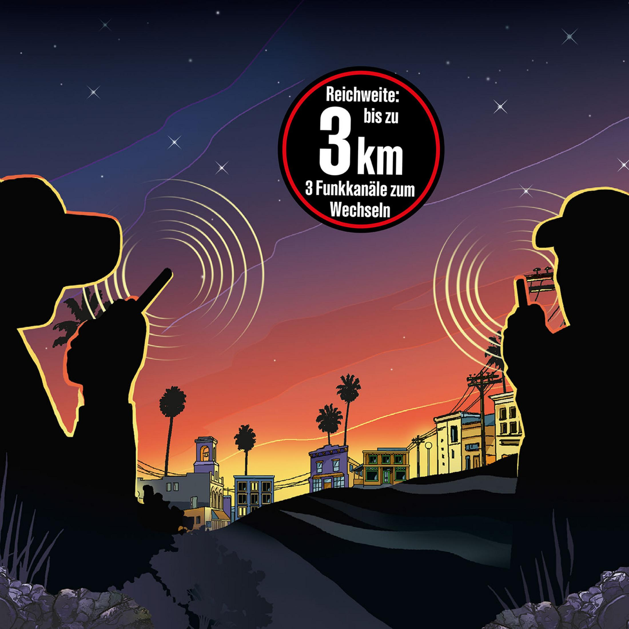 Zwei Silhouetten von Personen, die Funkgeräte halten. Im Hintergrund eine Stadt bei Nacht.