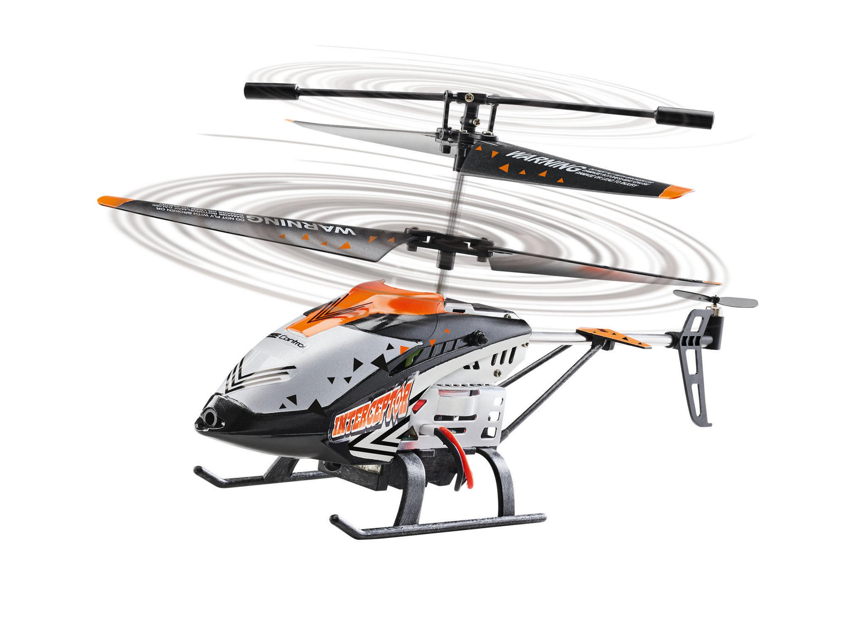 Kleiner Spielzeug-Hubschrauber mit sich drehenden Rotorblättern.