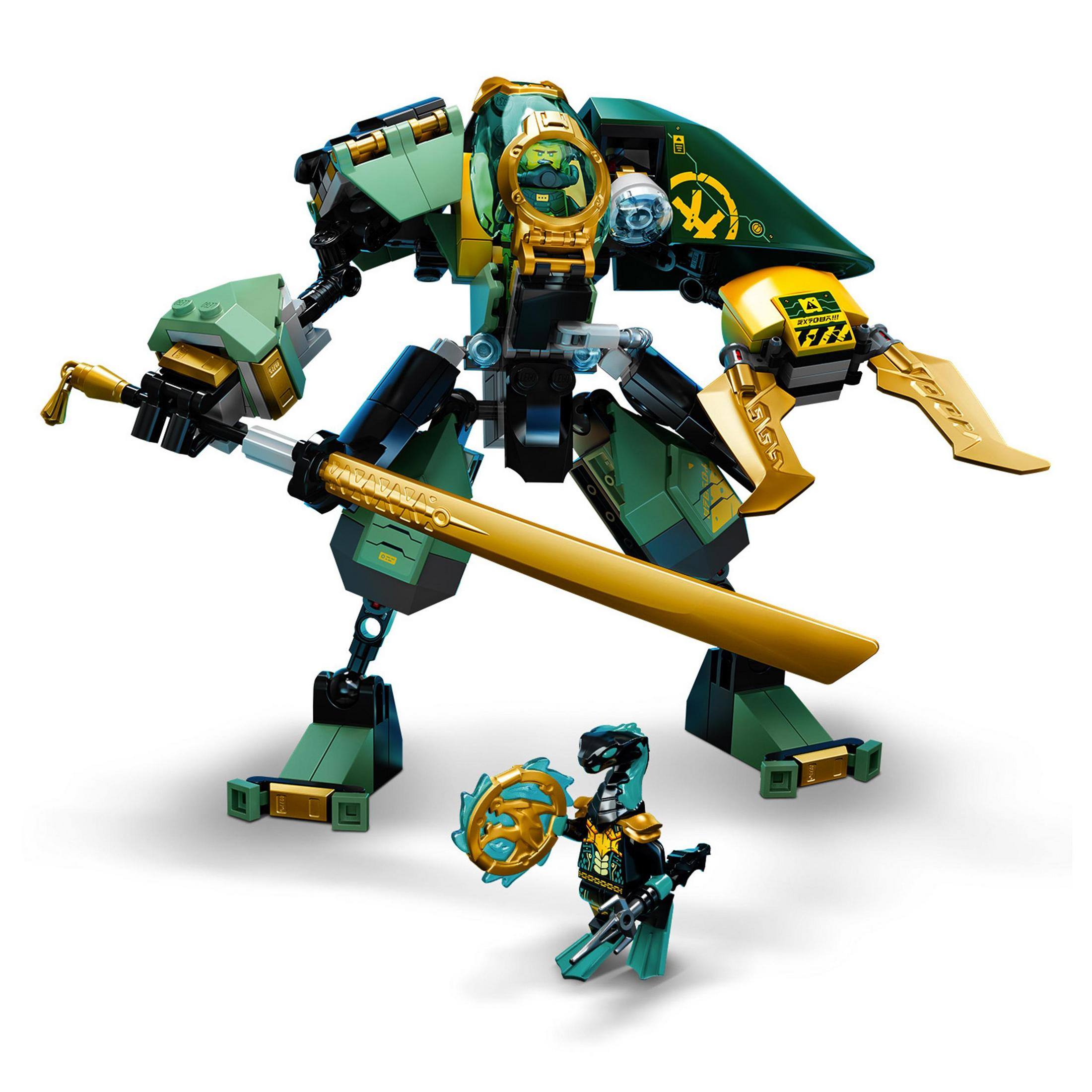 Ein grüner und goldener Lego-Roboter mit einer Minifigur. Der Roboter hält ein Schwert, und eine kleinere Figur ist vorhanden.