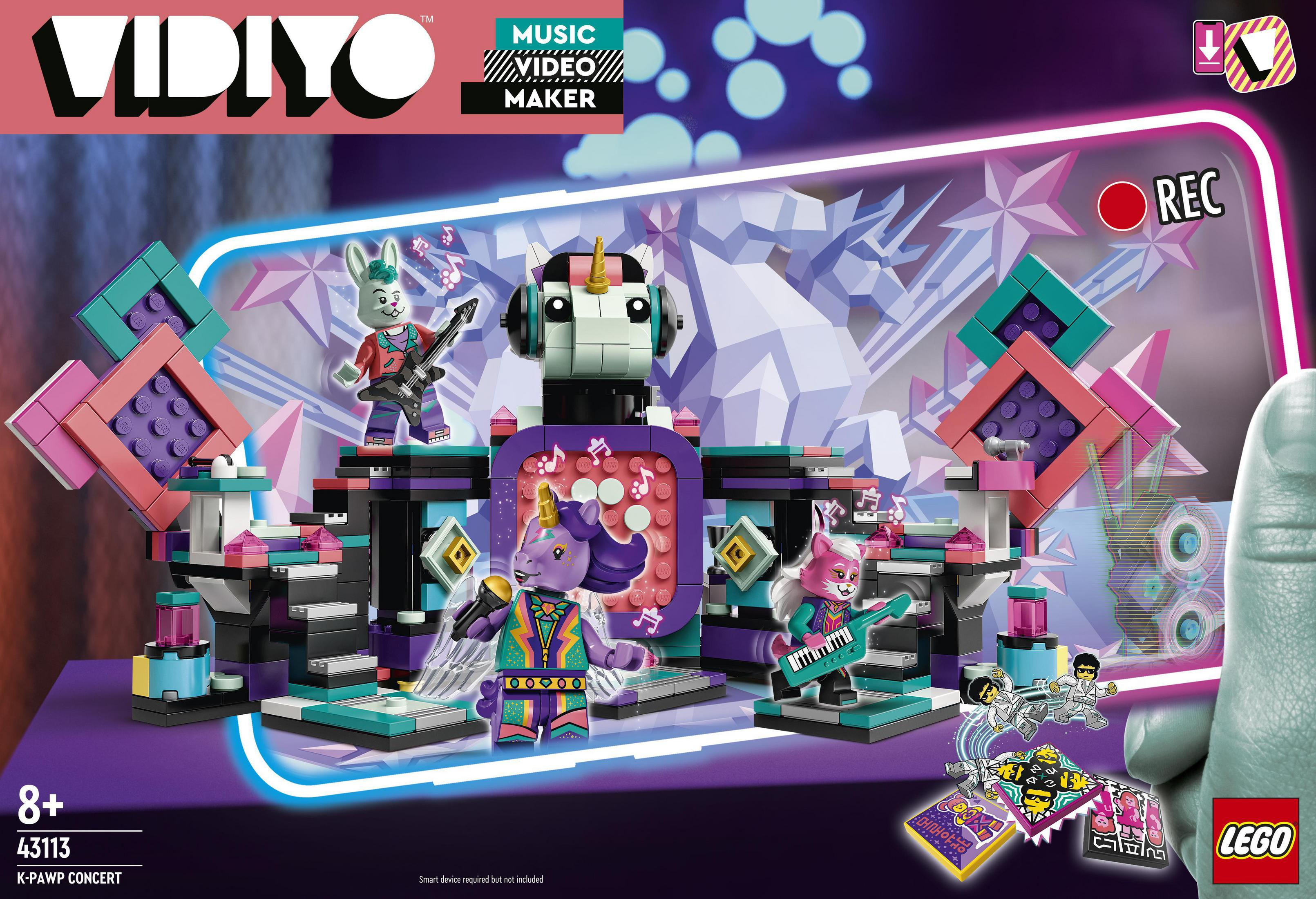 Zestaw Lego Vidiyo. Scena z członkami zespołu, konfiguracja nagrywania z ręką trzymającą telefon.