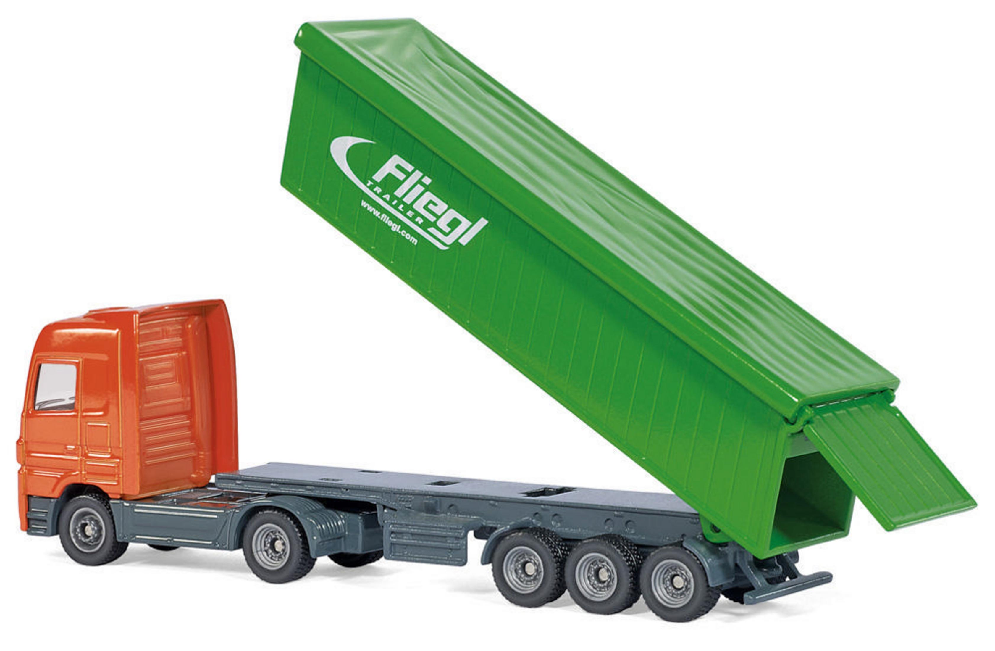 Spielzeug-LKW mit grünem Anhänger. Der LKW ist orange und der Anhänger kann geöffnet werden.