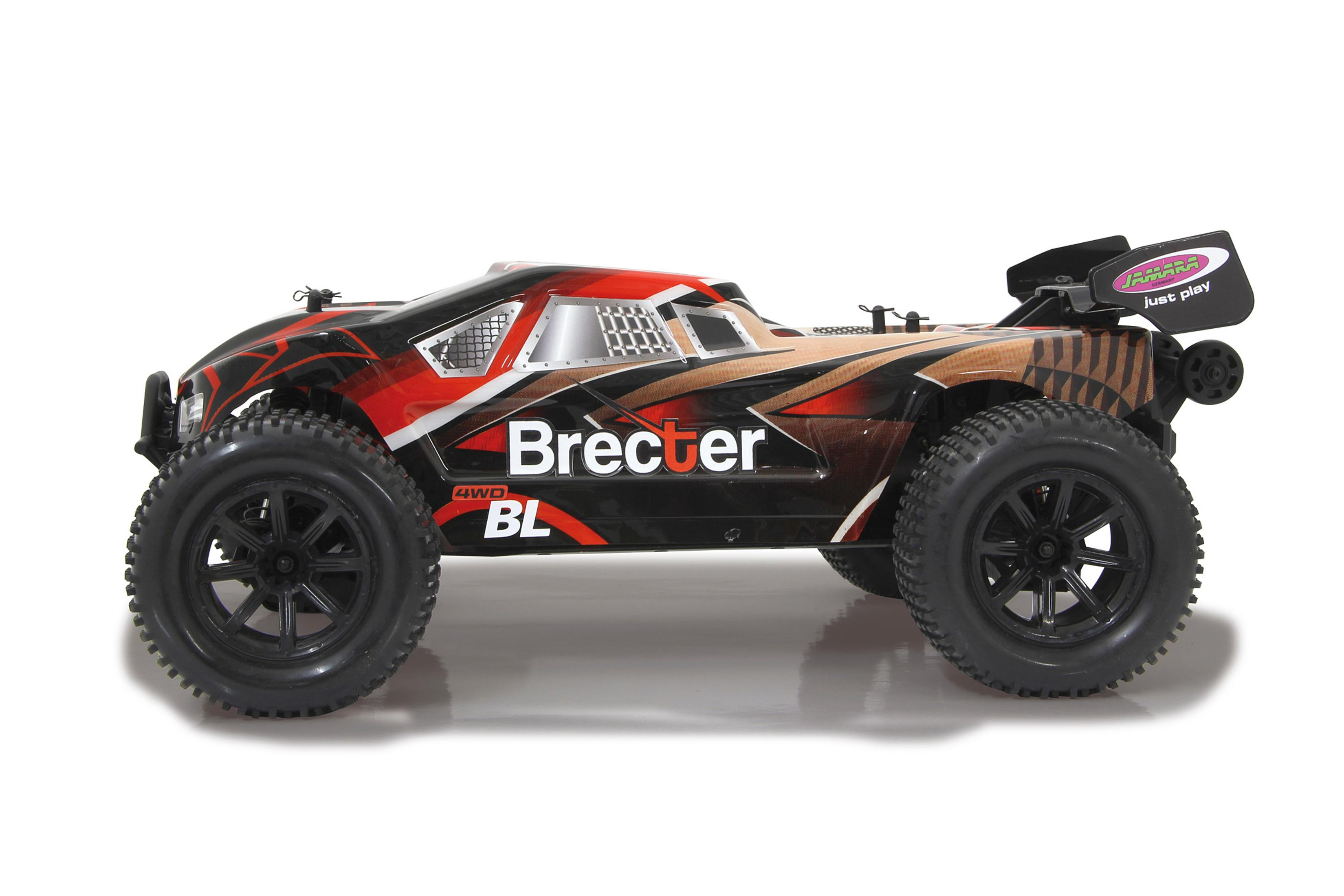 Schwarzes und rotes Spielzeugauto mit Brecter BL Logo. Schwarze Räder. Weißer Hintergrund.