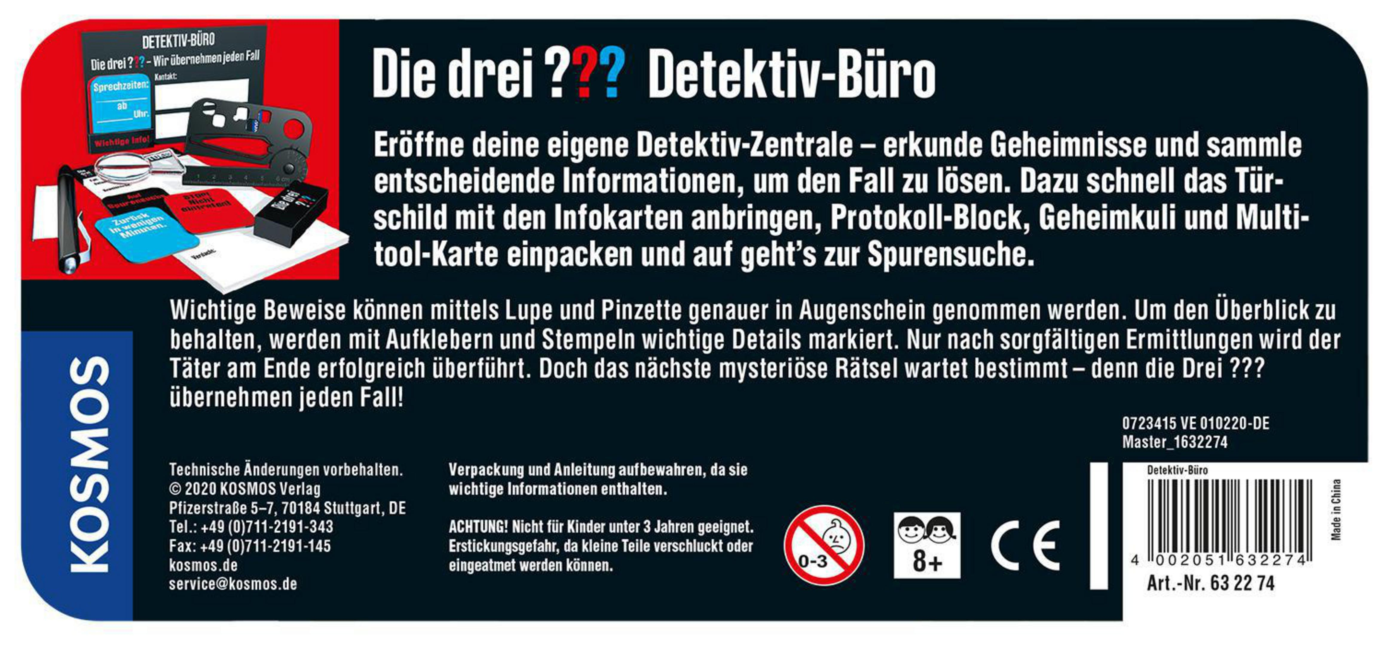 Rückseite einer Spielbox. Text auf Deutsch mit Detektiv-Thema, Spiel und Warnhinweis.