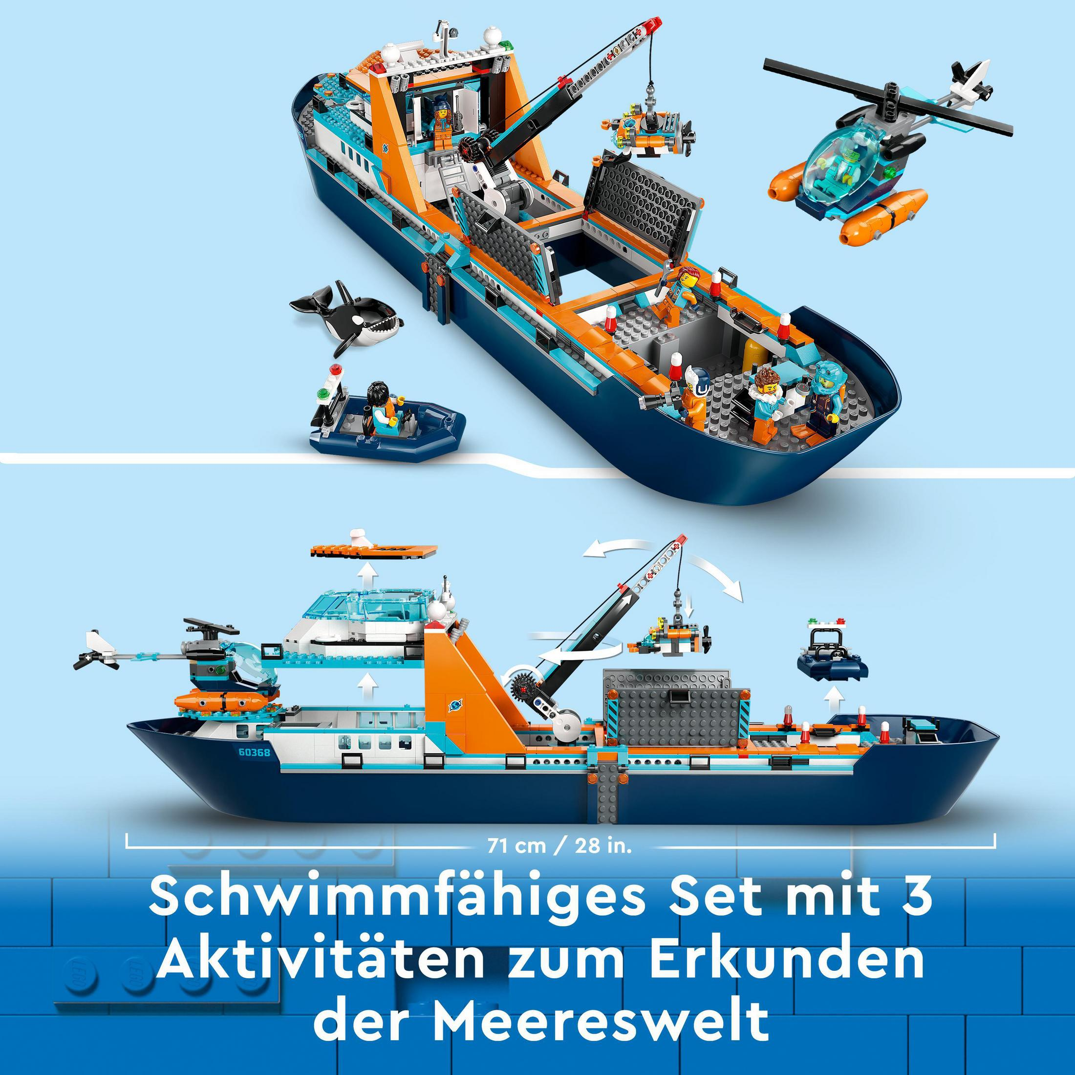 Zestaw do eksploracji oceanu Lego City ze statkiem, helikopterem i innymi pojazdami. Niebieskie tło wody.