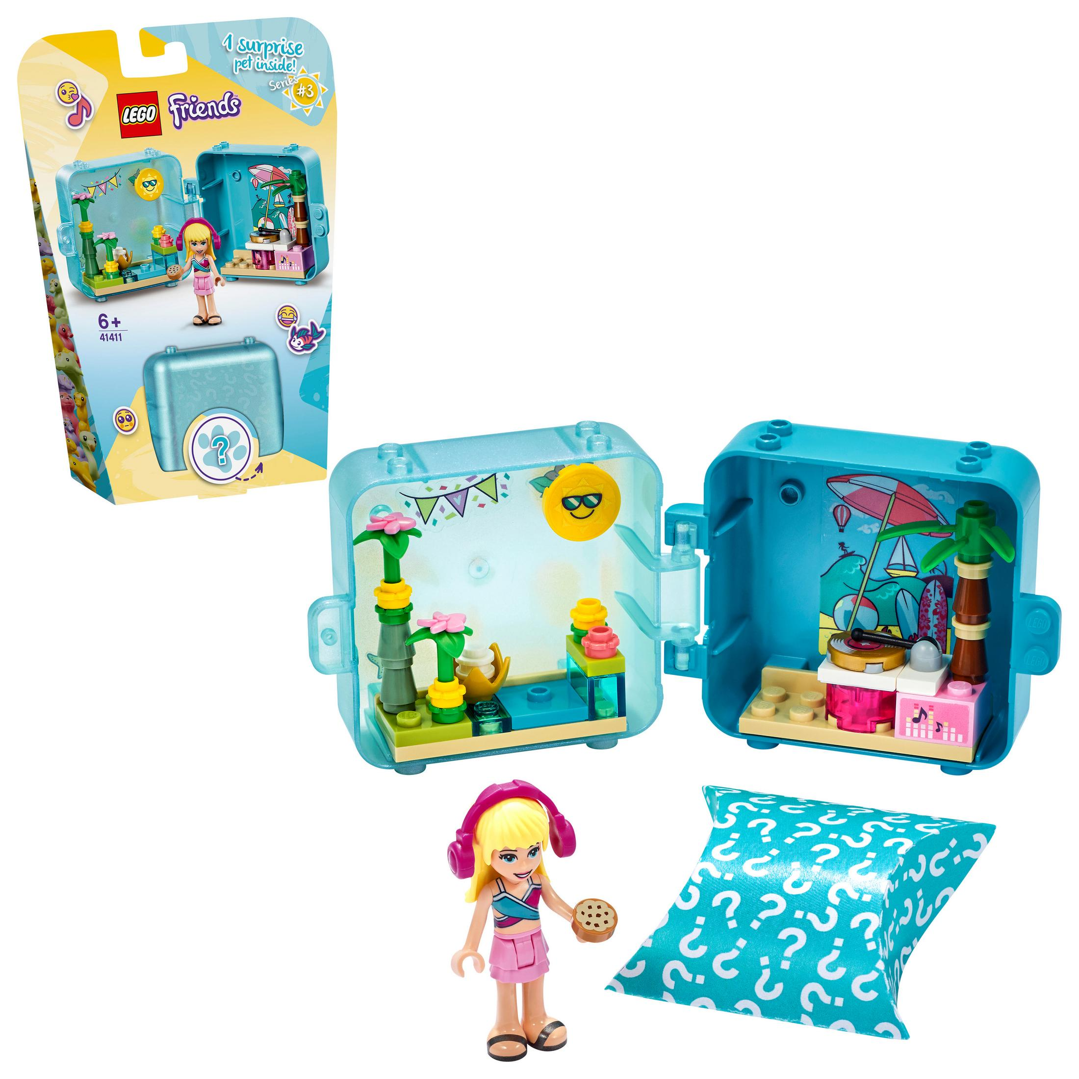 Zestaw LEGO Friends, niebieska walizka otwiera się, ujawniając scenę na plaży i figurkę dziewczyny.