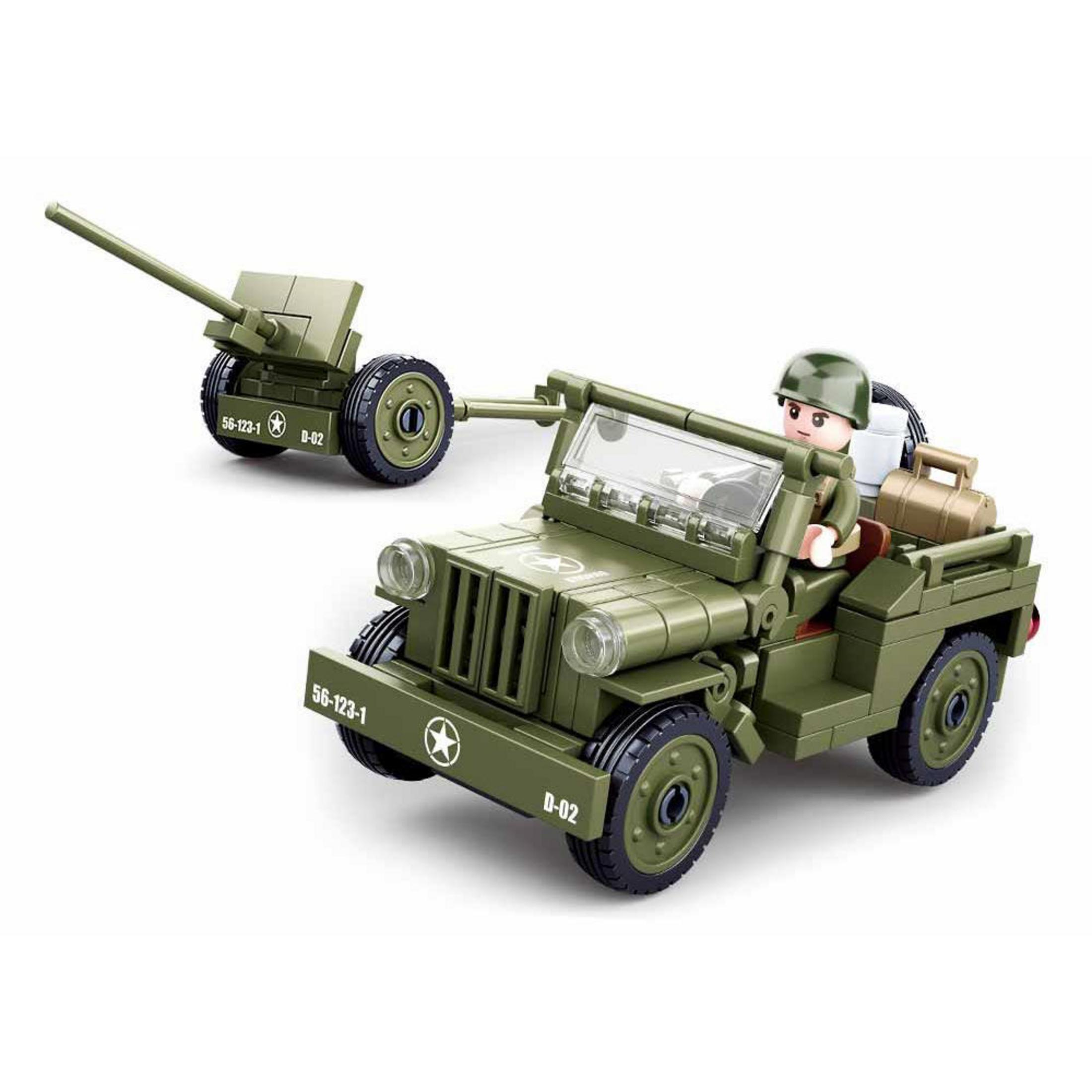 Spielzeug-Militärjeep in Grün mit Kanone und Soldatenfigur.