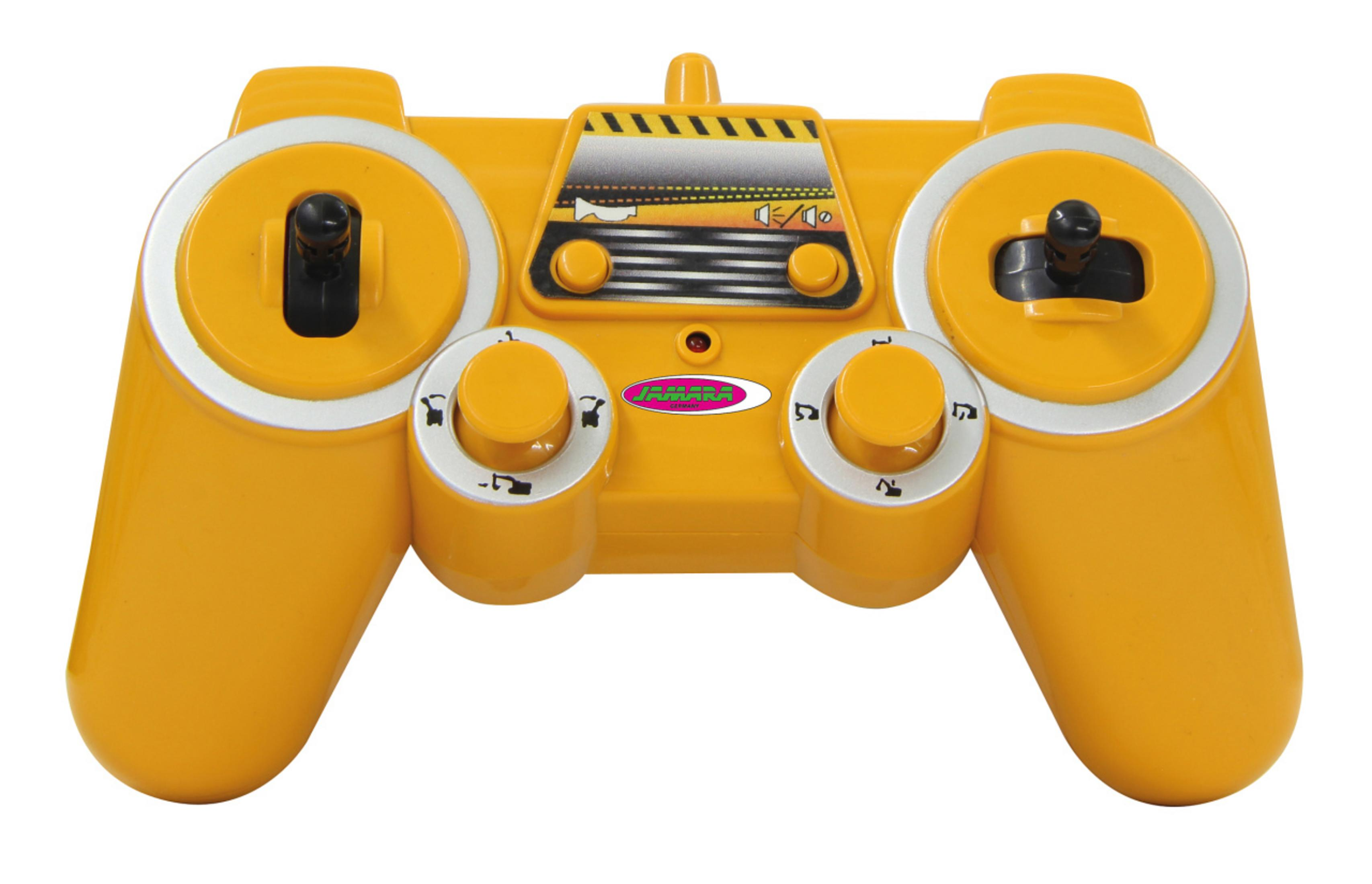 Eine gelbe Fernbedienung mit Knöpfen und Joysticks auf weißem Hintergrund.