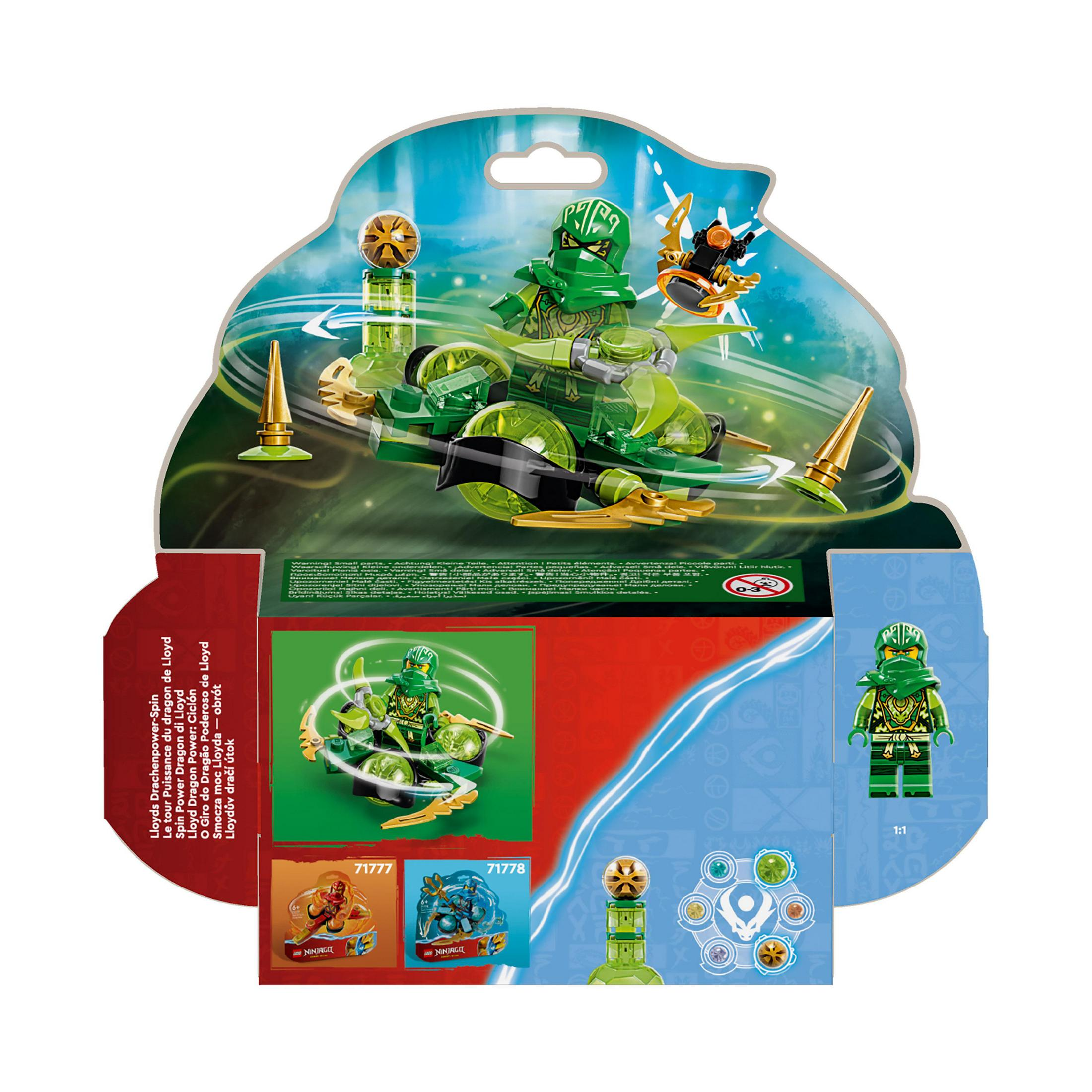 Lego Ninjago set kutusu. Yeşil ninja figürü, bir araç ve ejderha benzeri bir tasarım.