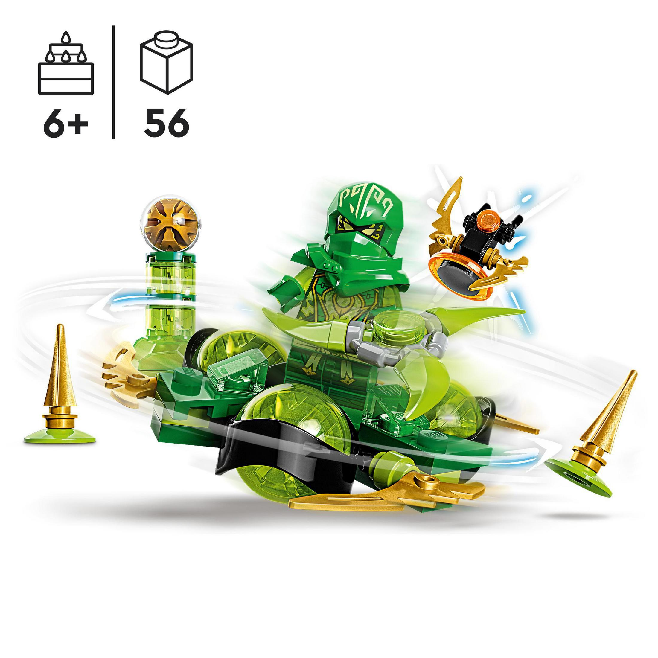 Lego Ninjago seti: altın ve yeşil tasarımlı, dekoratif öğeleri olan bir araç üzerinde bir ninja.