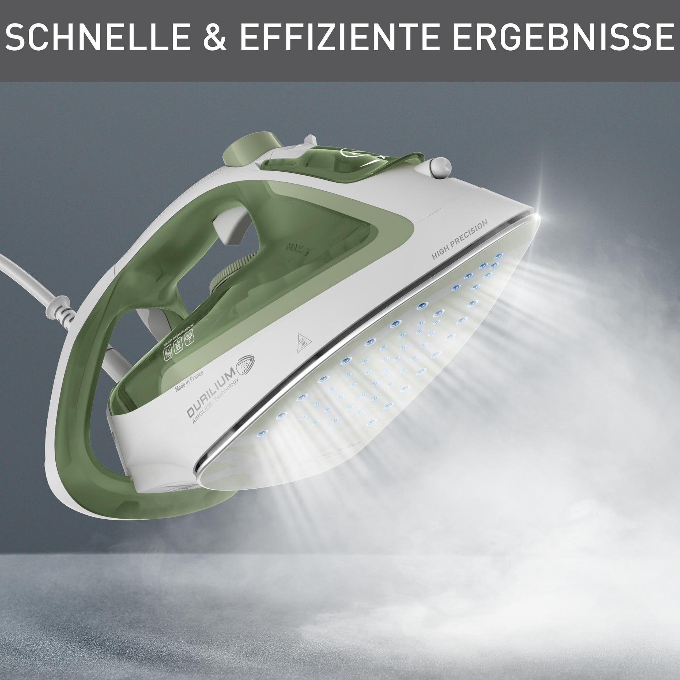 Weißes und grünes Dampfbügeleisen mit Dampf, Nahaufnahme mit Text über Ergebnisse.