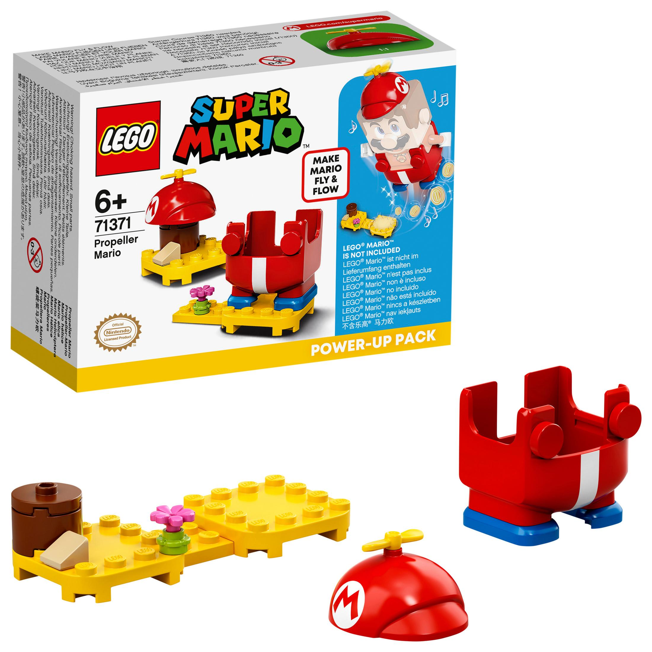 Ein Lego Super Mario Set mit Propeller Mario, einem rot-weißen Outfit und einigen Blöcken.