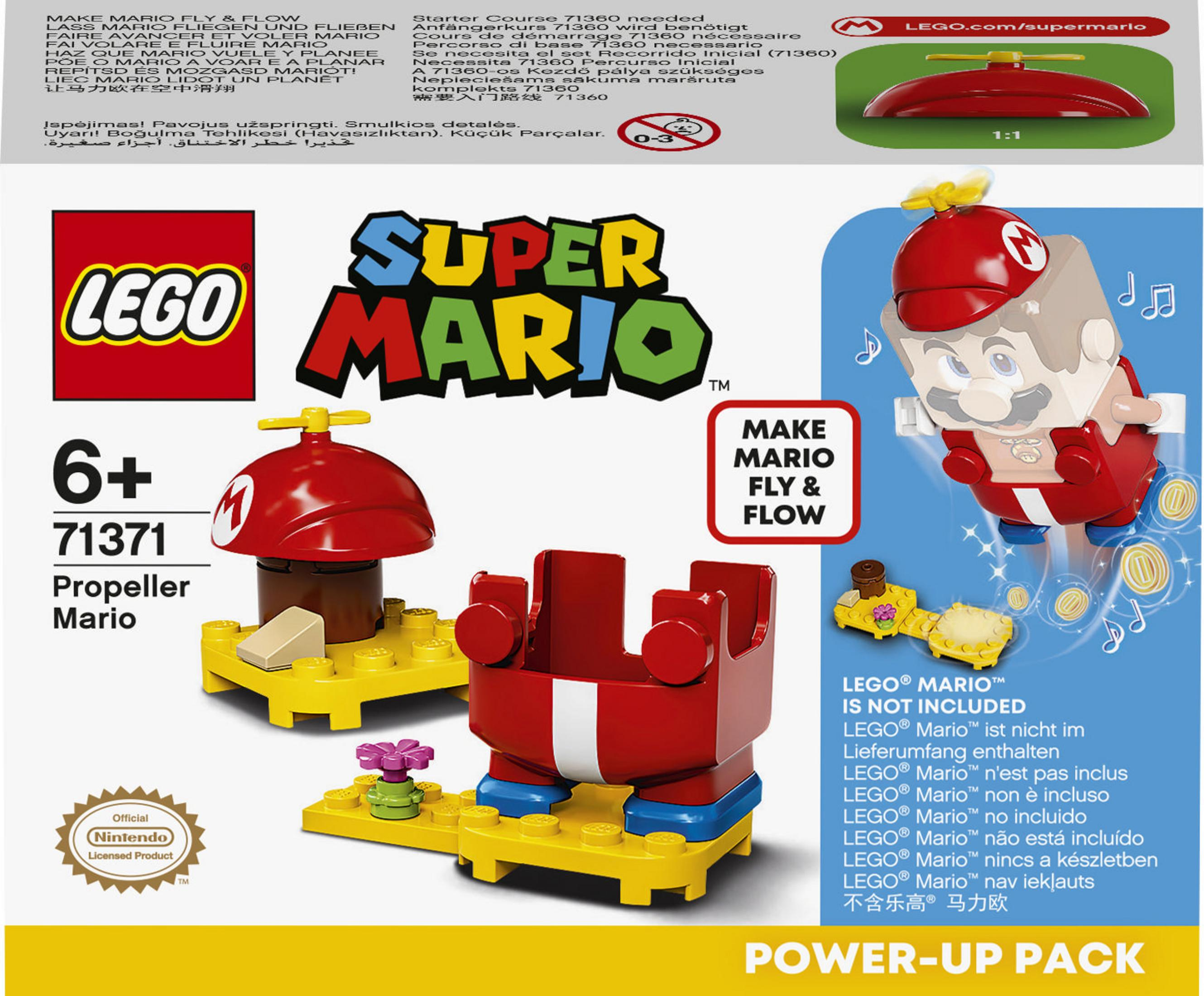 LEGO Super Mario Propeller Mario Set. Rote und weiße Figur mit einem Pilzblock und Text.