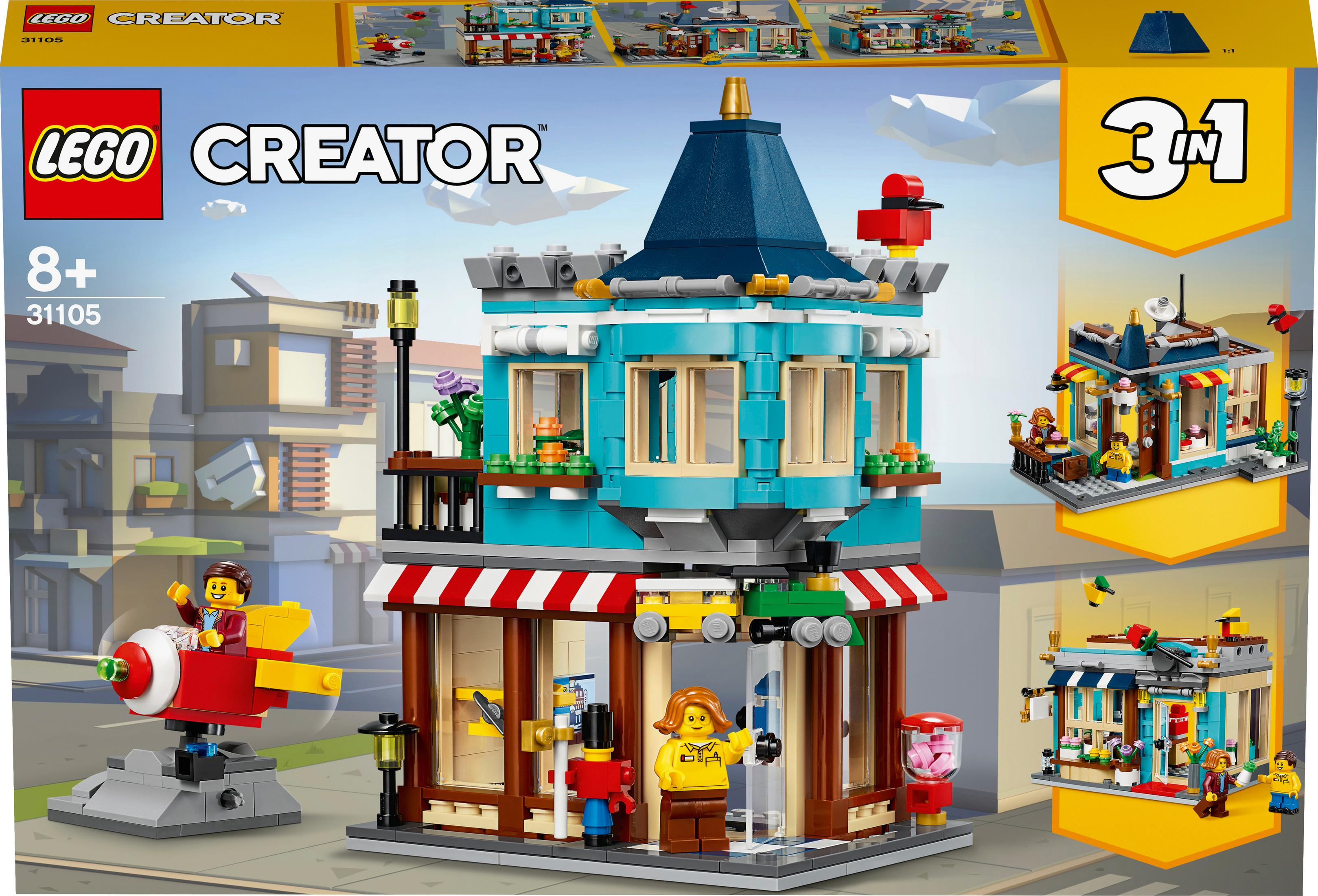 Eine Lego Creator-Set-Box mit einem bunten Gebäude und mehreren Mini-Builds.