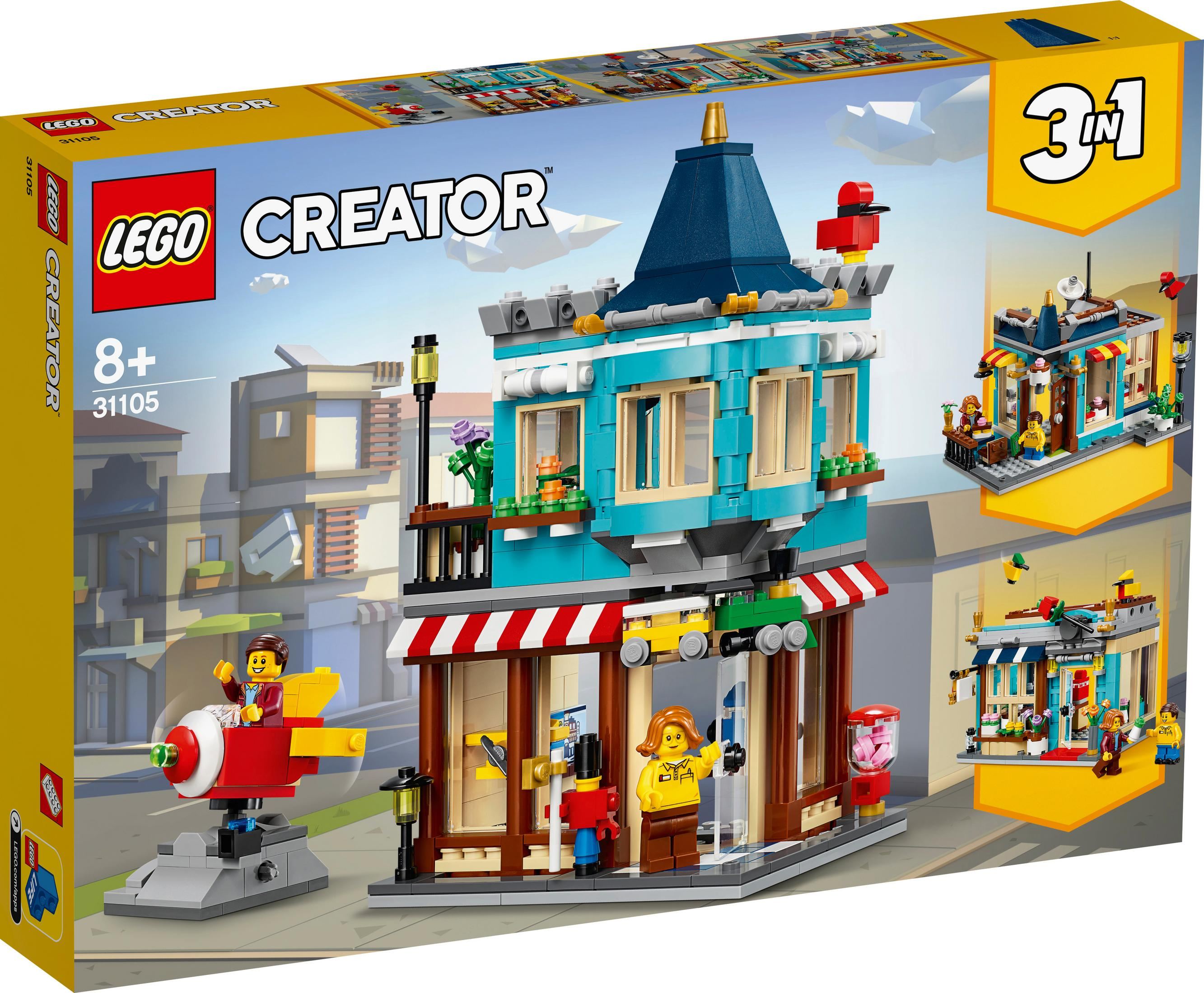 Eine Lego-Set-Box mit einem 3-in-1-Gebäude mit einem Café, einem kleinen Flugzeug und Figuren.