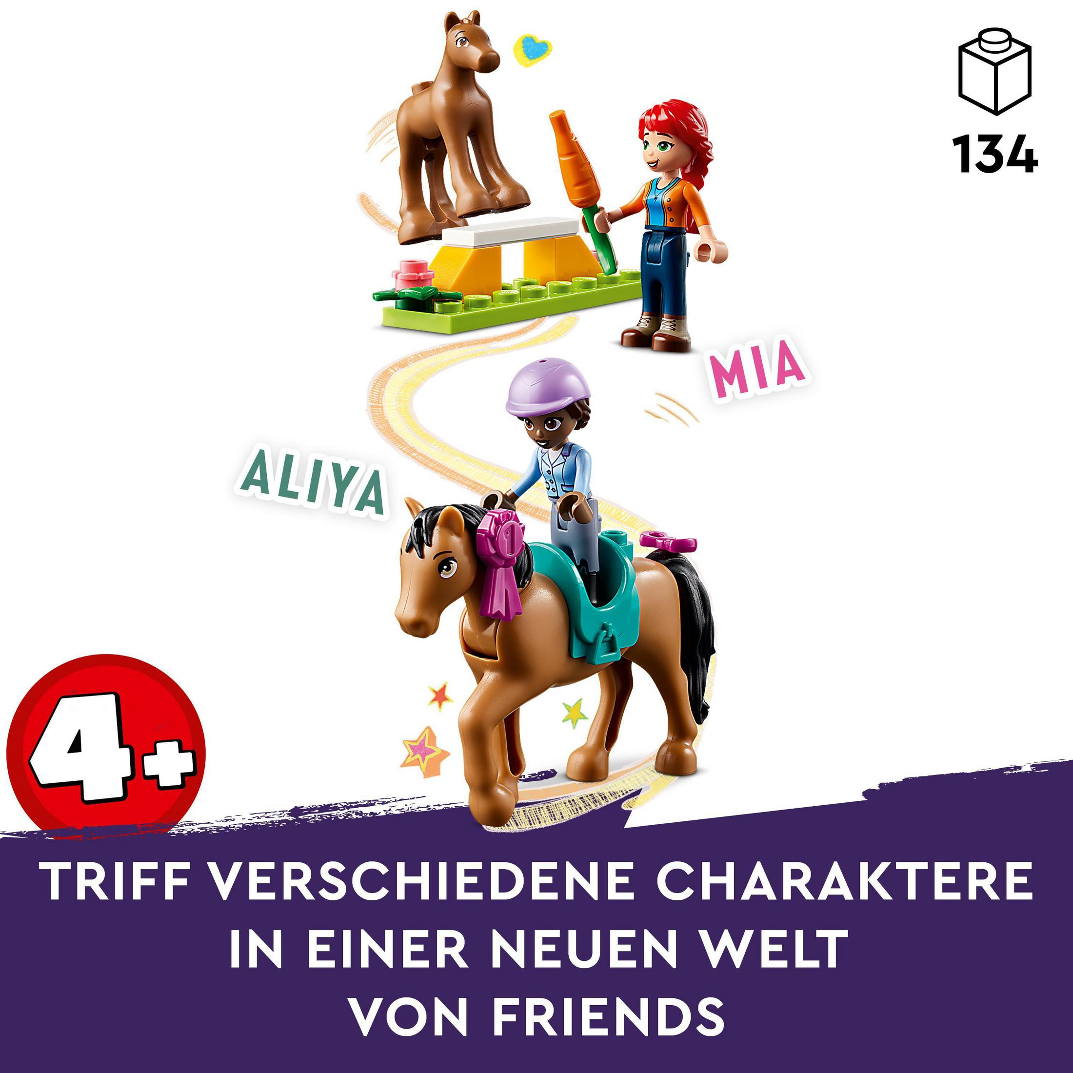 Lego-Set mit Figuren von Charakteren und Pferden. Text auf Deutsch.