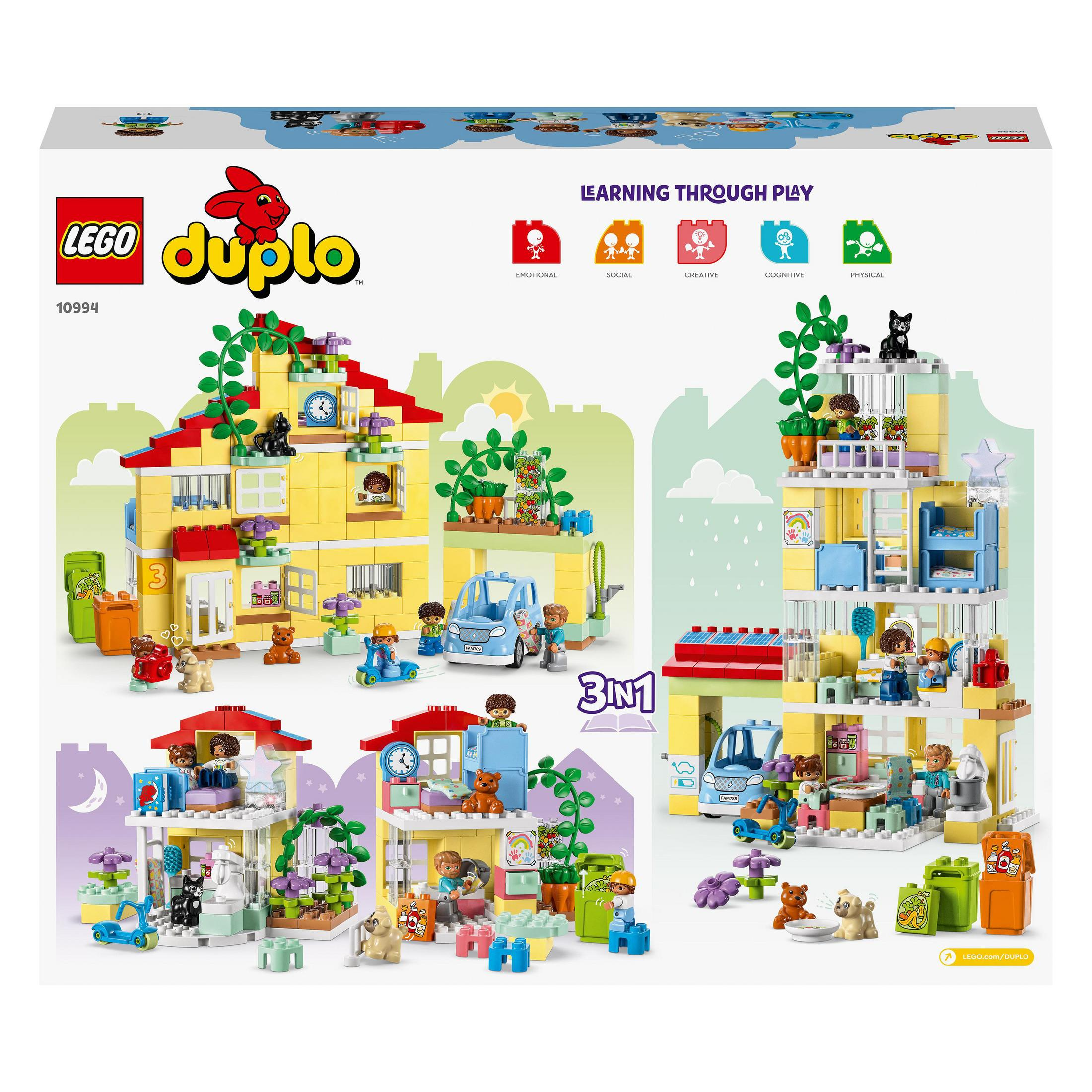 Un set Lego Duplo, un edificio giallo a più piani con figure, piante e animali.