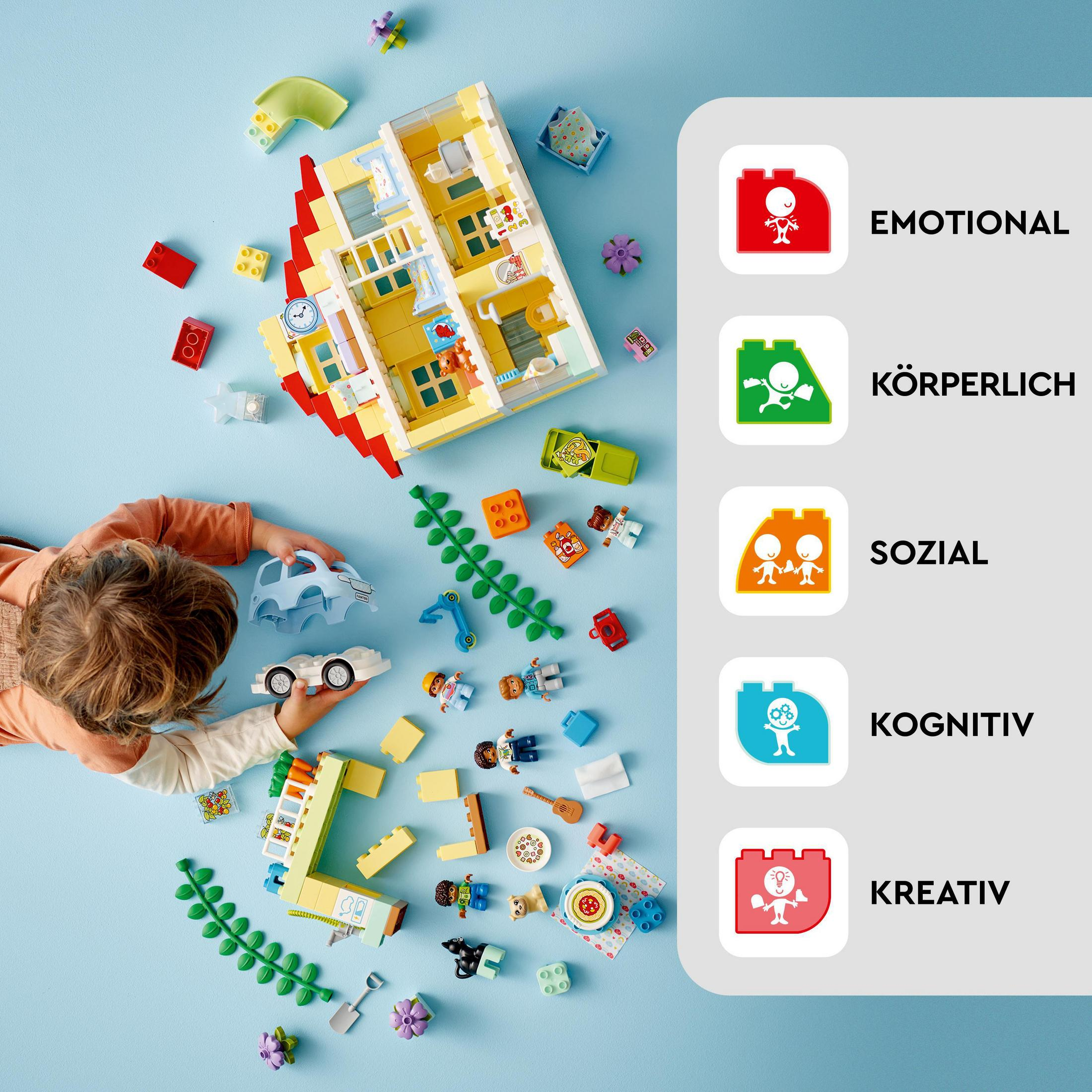 Bambino che gioca con una casa Lego, con icone educative che rappresentano diverse abilità.
