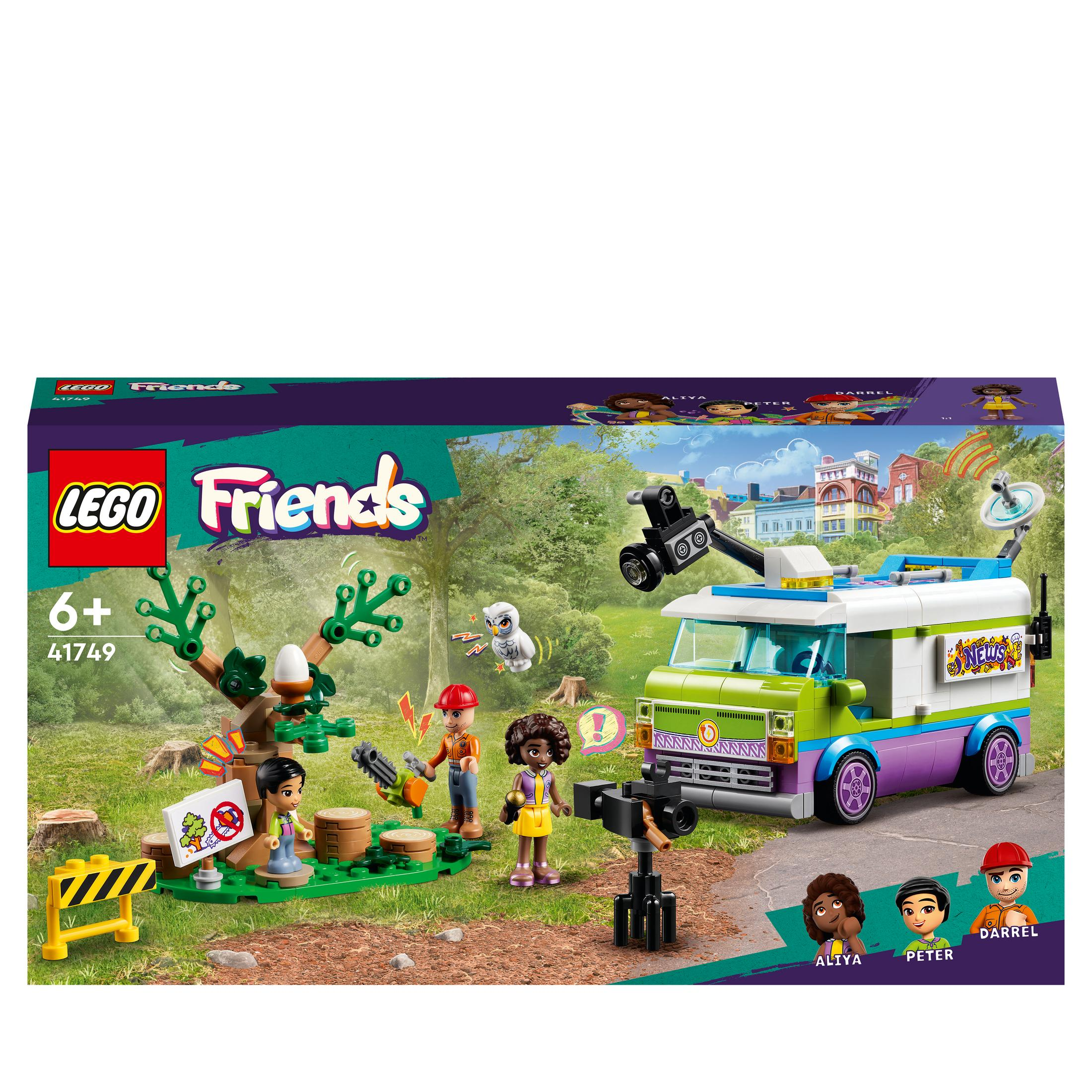 Zestaw Lego Friends z vanem, figurkami, drzewem i znakiem zakazu wjazdu.