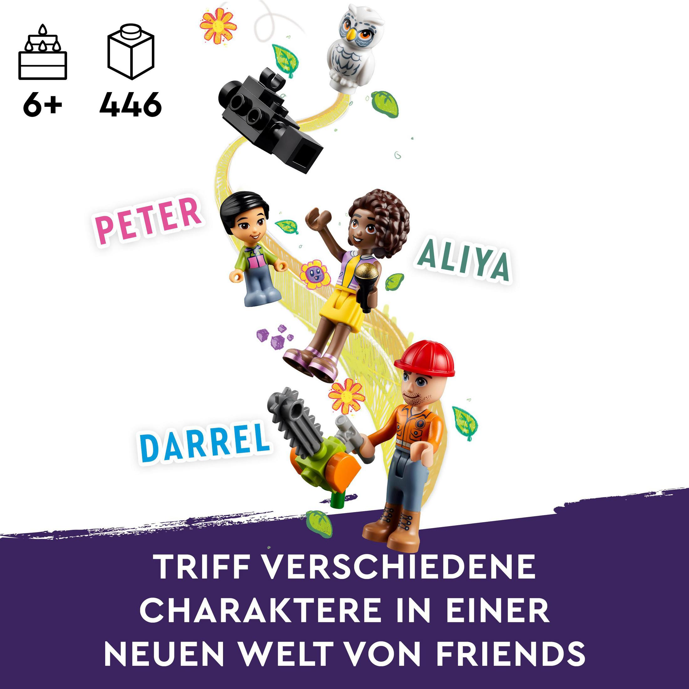 Zestaw LEGO Friends z figurkami. Zawiera dziewczynkę i chłopca, a także sowę i piłę łańcuchową.