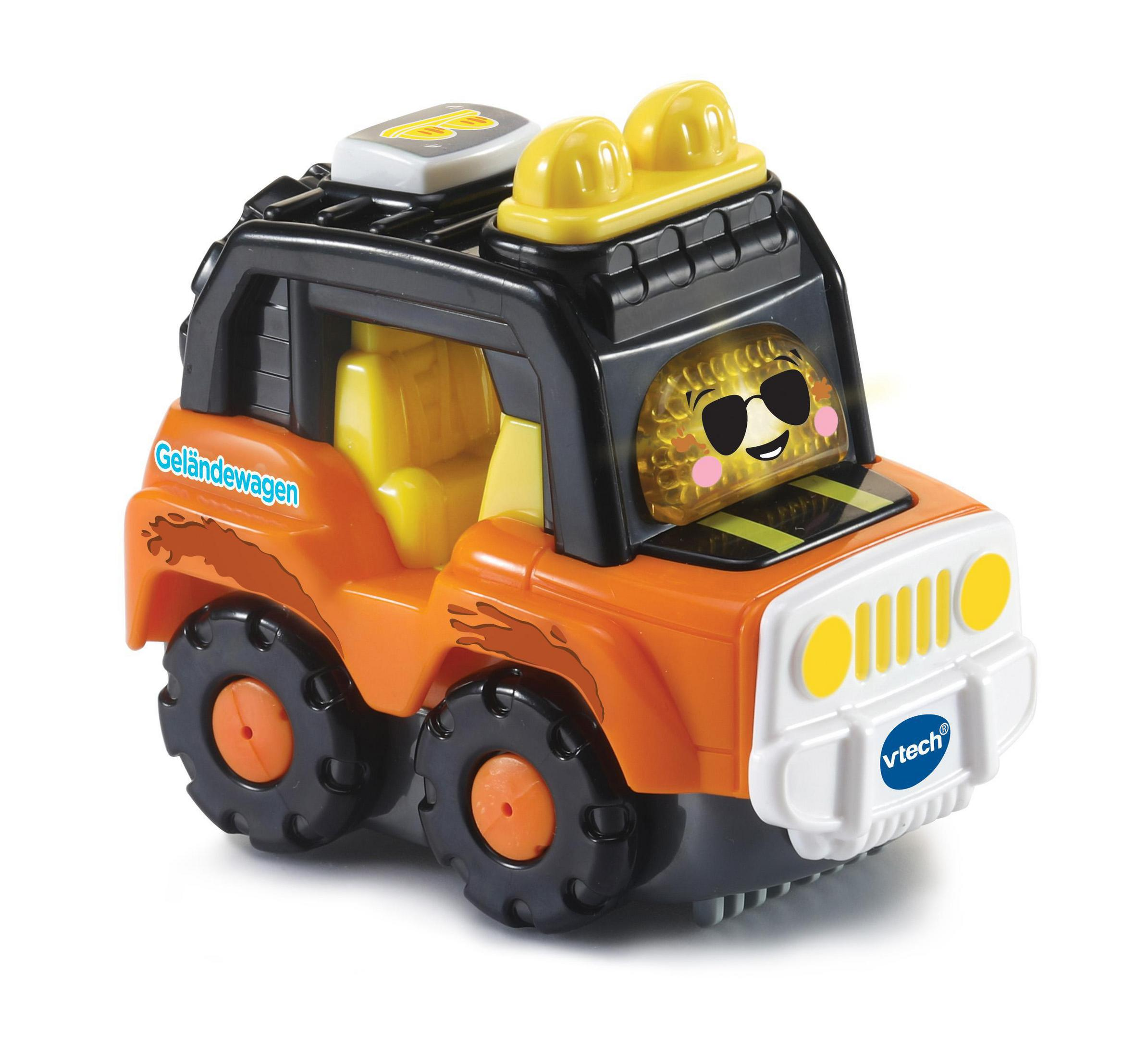 VTech Spielzeugauto. Orangefarbenes Spielzeugauto mit schwarzen Akzenten und einem lächelnden Gesicht.