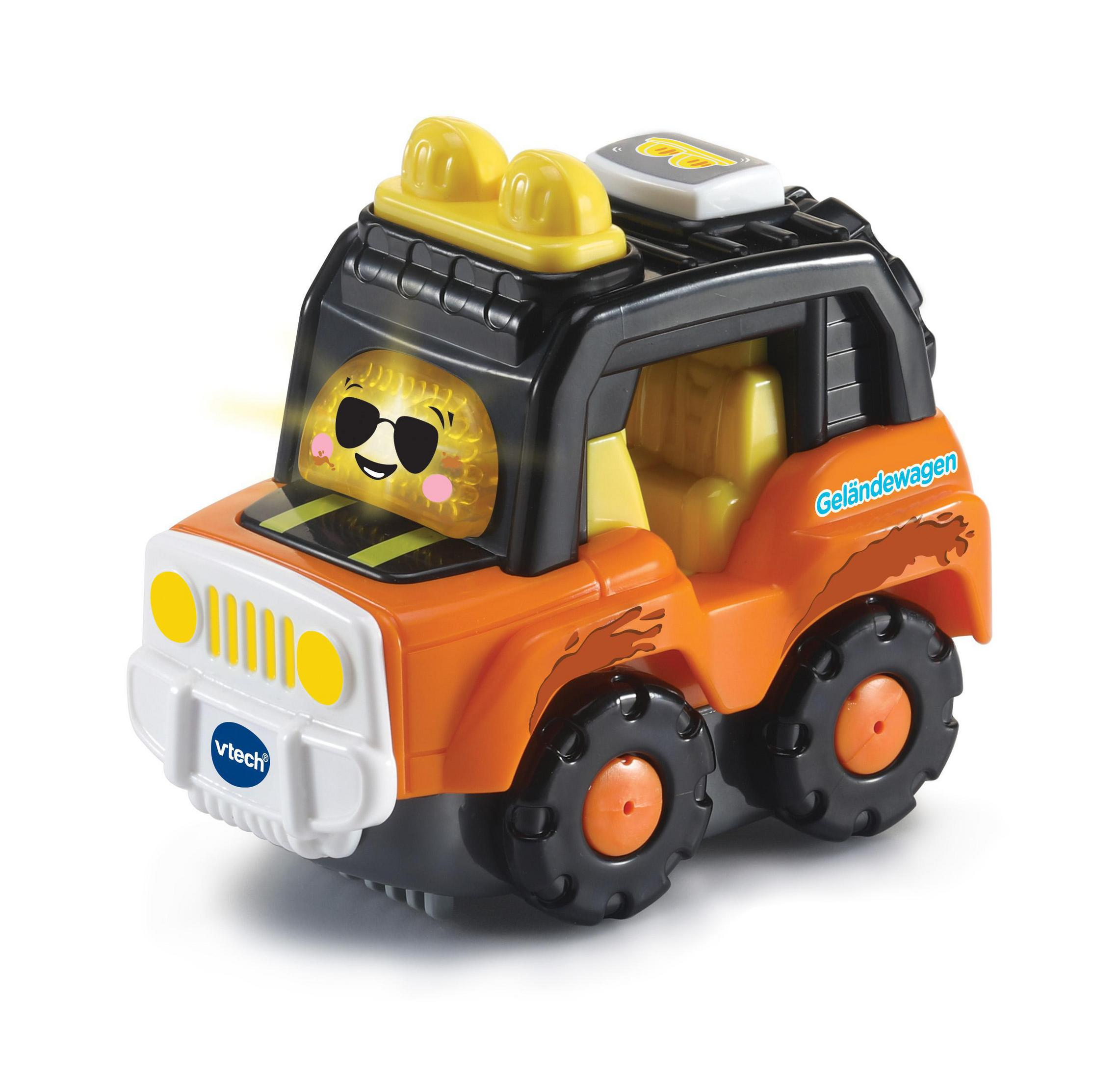 Orangener Spielzeug-Jeep mit lächelndem Gesicht und gelben Lichtern.