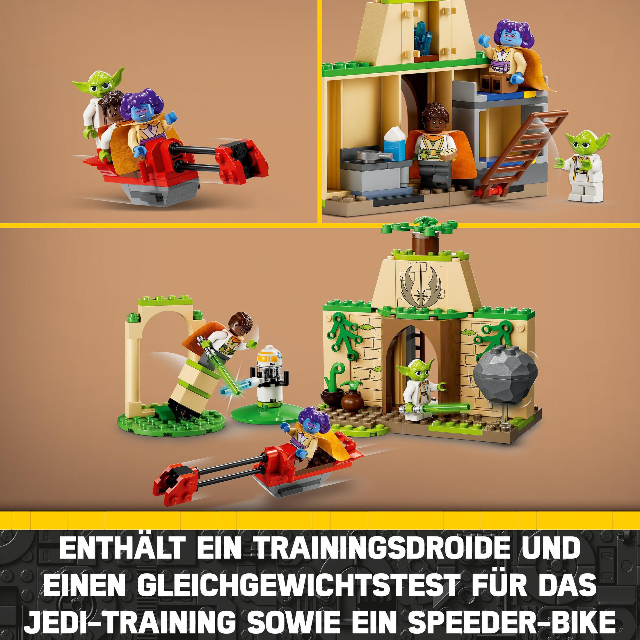 Lego set met Star Wars figuren en een gebouw. Tekst onderaan.