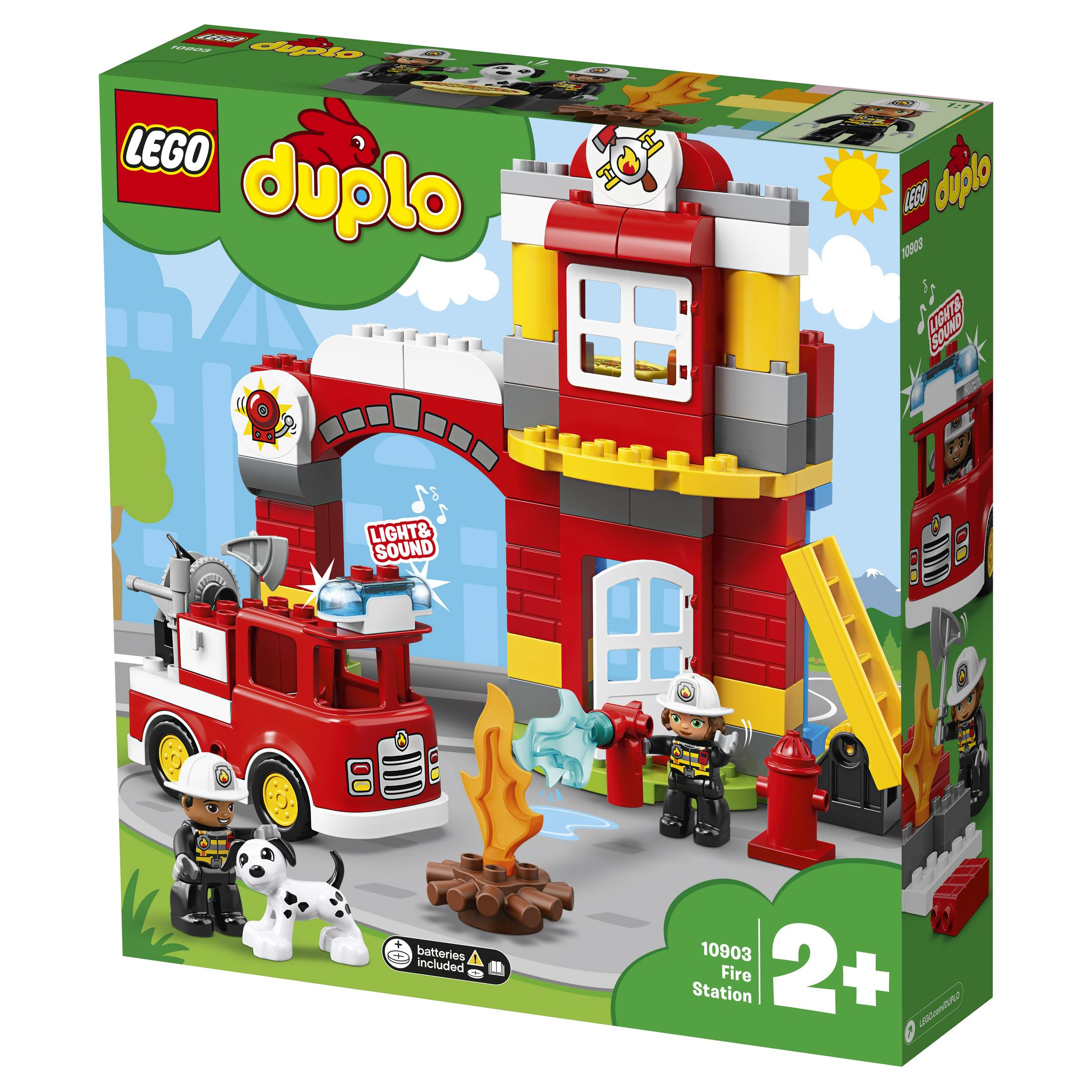 Lego Duplo Feuerwehrstation-Box-Set mit Feuerwehrauto, Figuren und Zubehör.