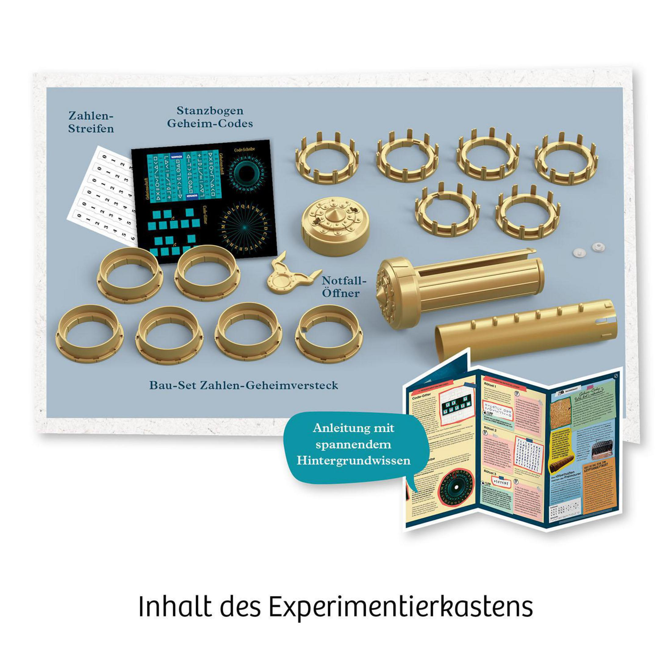 Experimentierkasten mit einer Konstruktion aus goldenen Teilen und Anweisungen, mit weißem Hintergrund.