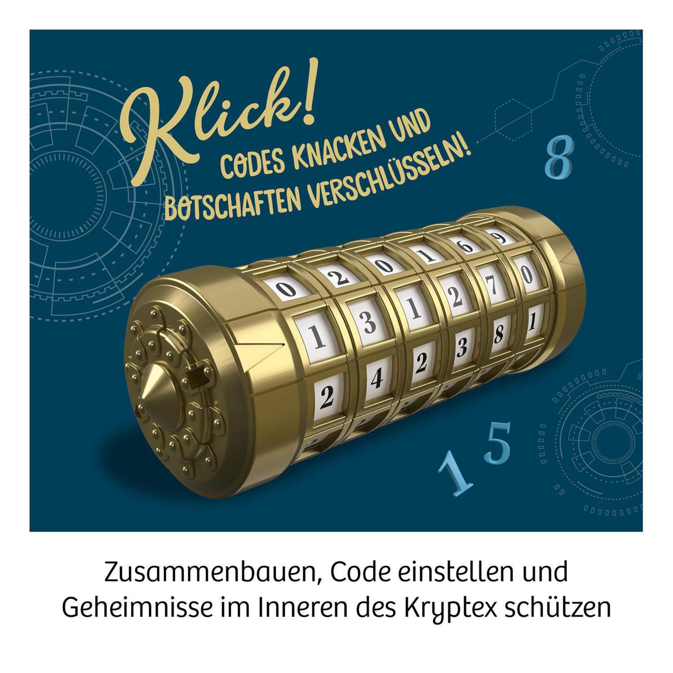 Goldenes Kryptos-Chiffriergerät. Der Text ist auf Deutsch: Zusammenbauen, Code einstellen und Geheimnisse schützen.