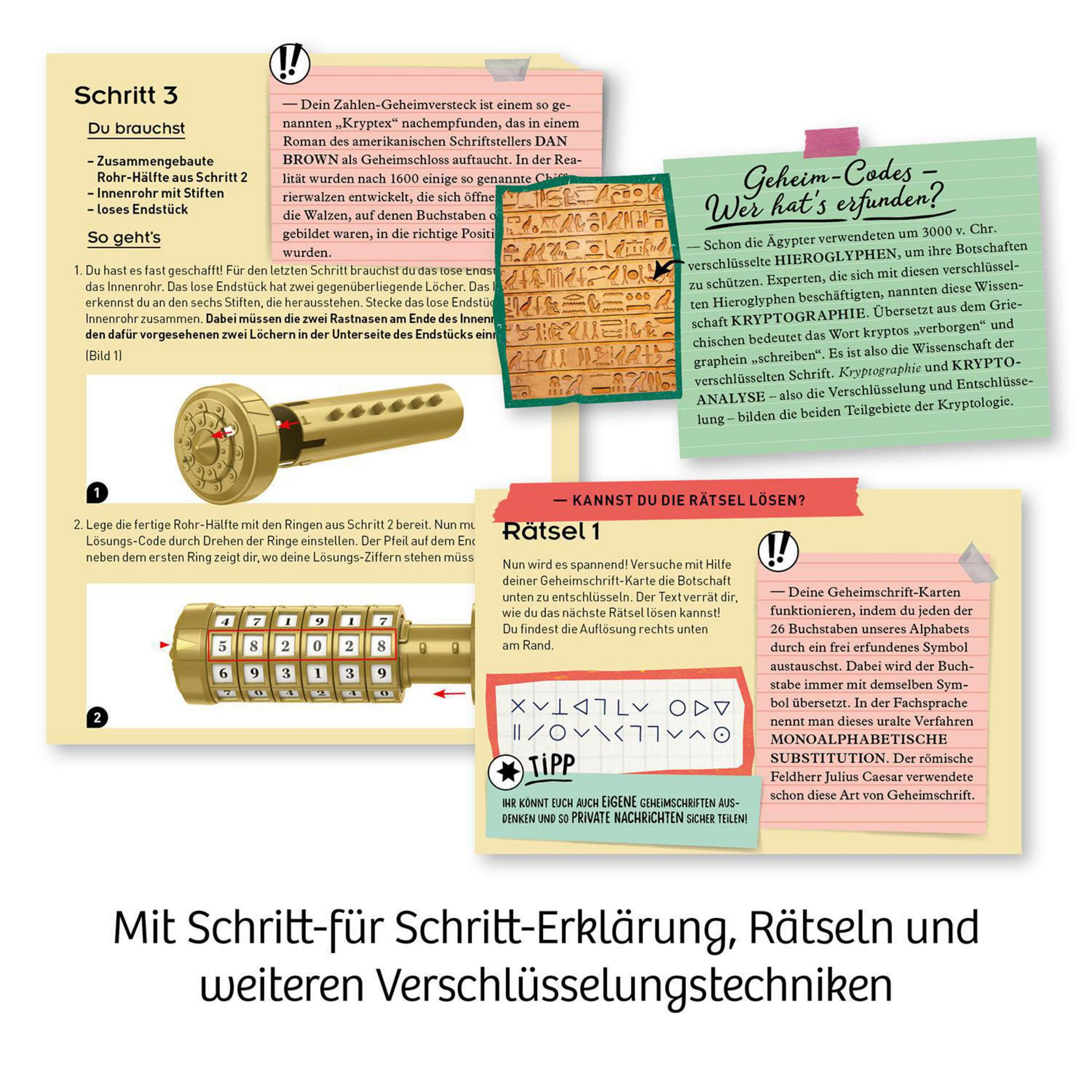 Anweisungen und Werkzeuge für einen geheimen Code. Es gibt Text und Zeichnungen, sowie ein Schloss.