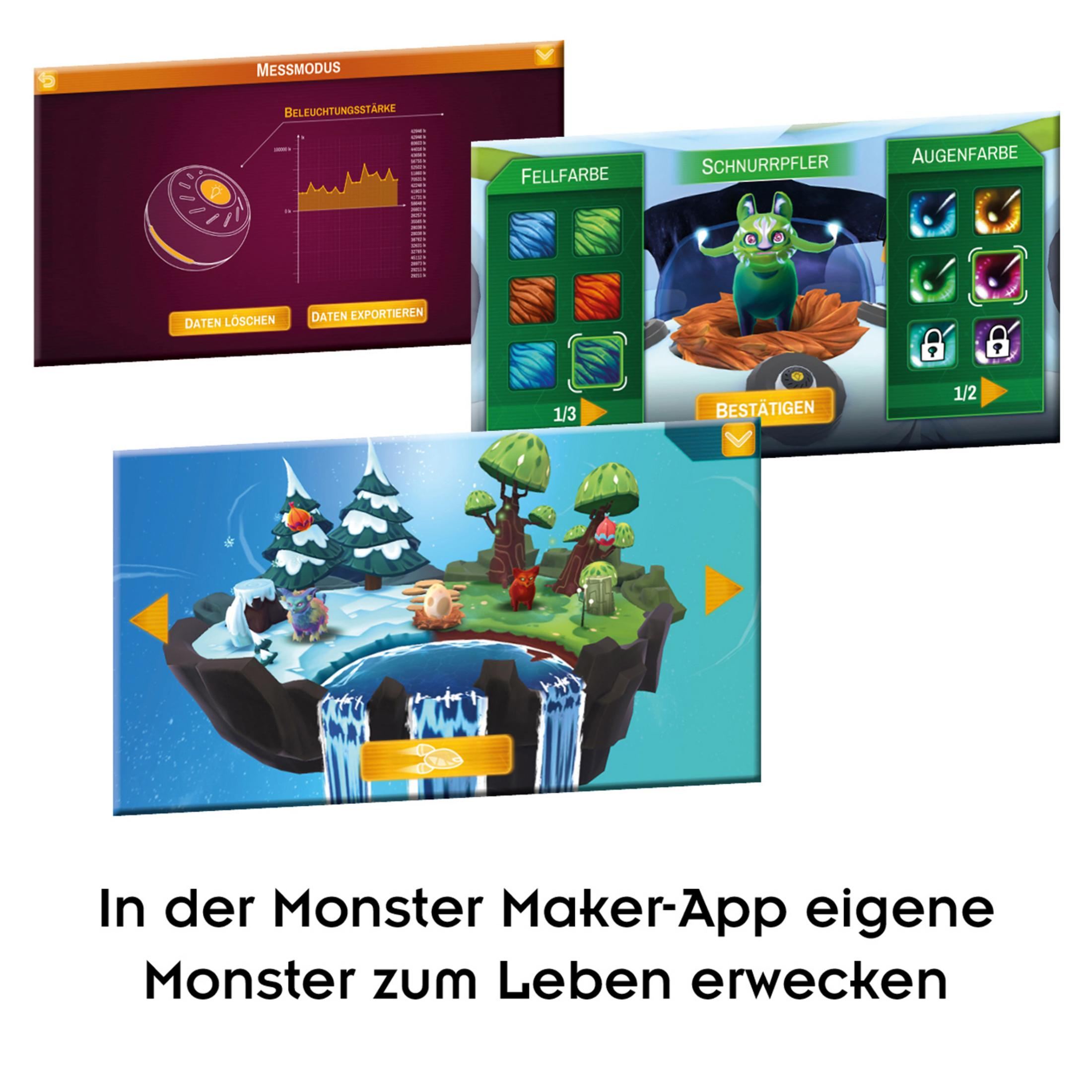 Screenshots einer Spiel-App mit Benutzeroberflächenelementen und einer Spielszene mit einem Monster.