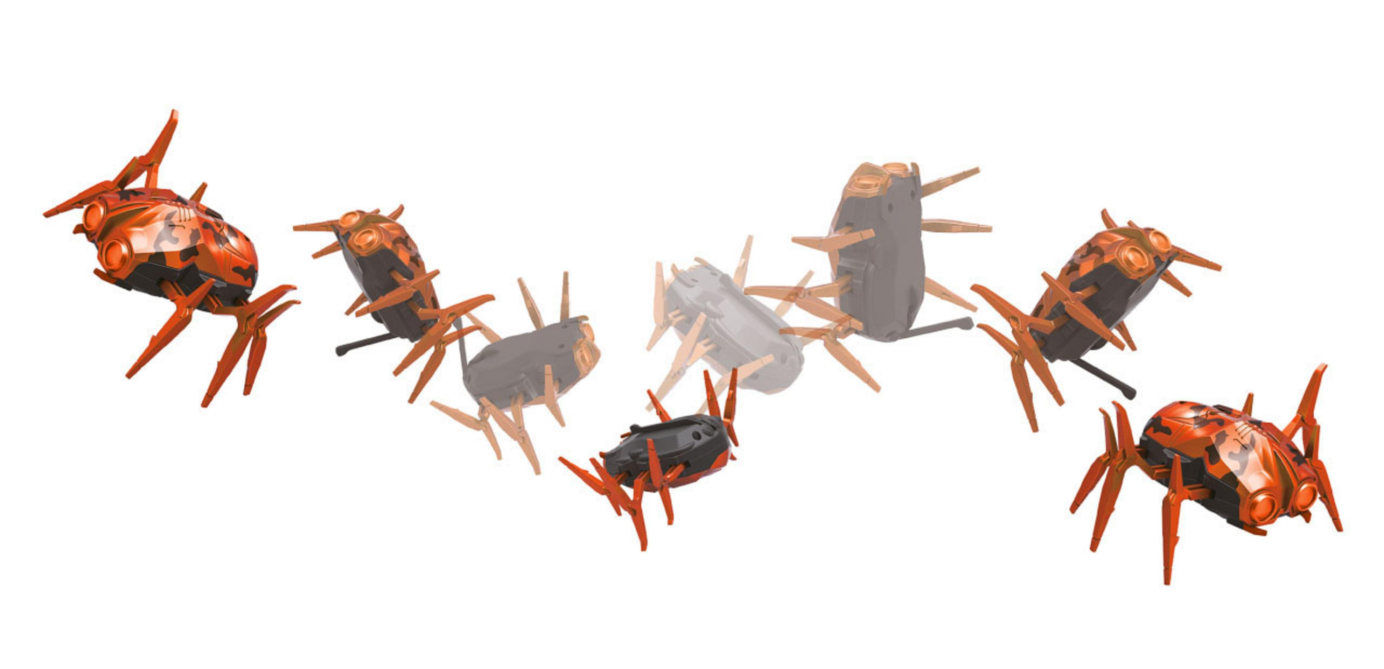 Orange und schwarze Spielzeugroboter mit insektenartigen Körpern, mehrere Ansichten auf weißer Oberfläche.