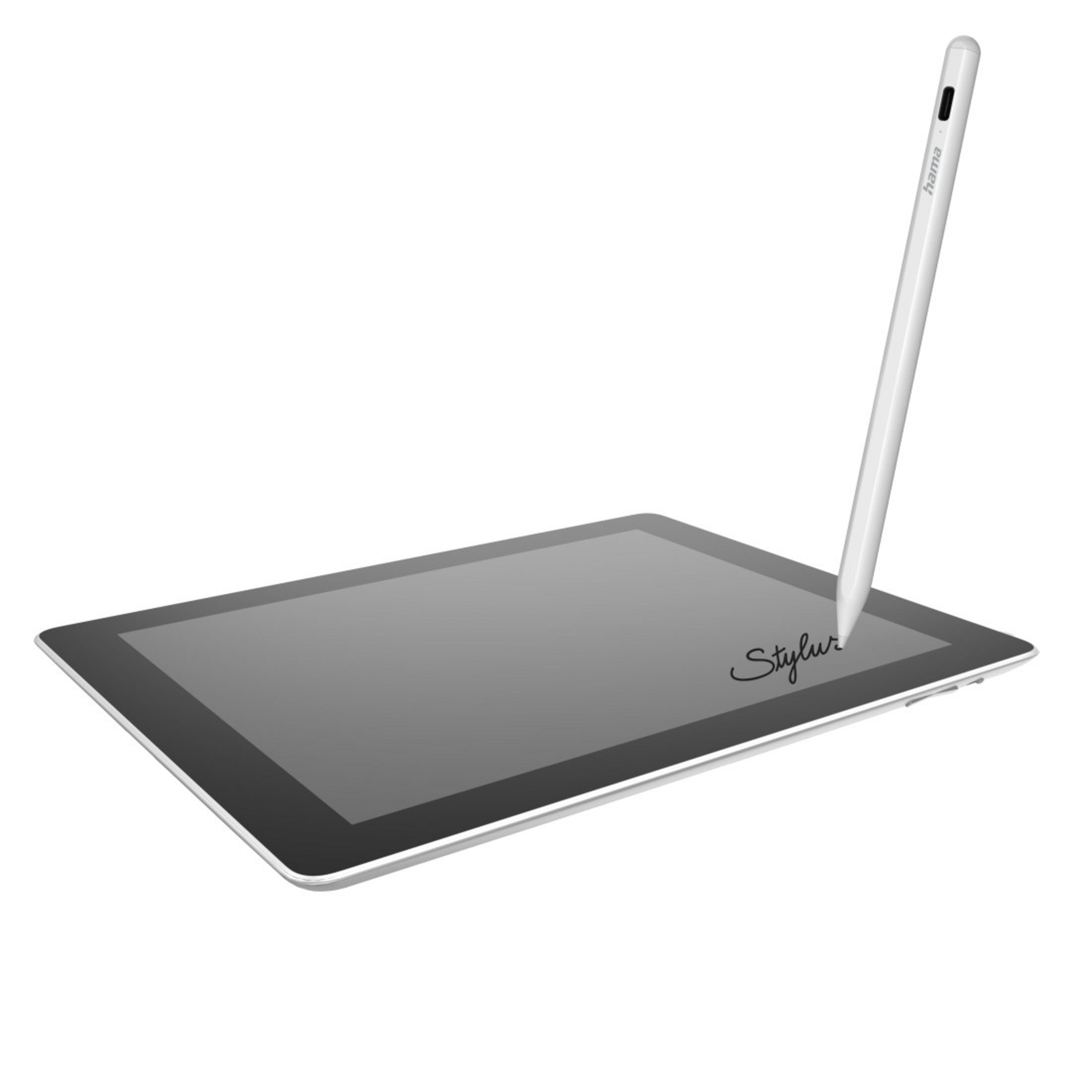 Biały rysik dotyka ekranu tabletu. Słowo Stylus jest napisane na ekranie.