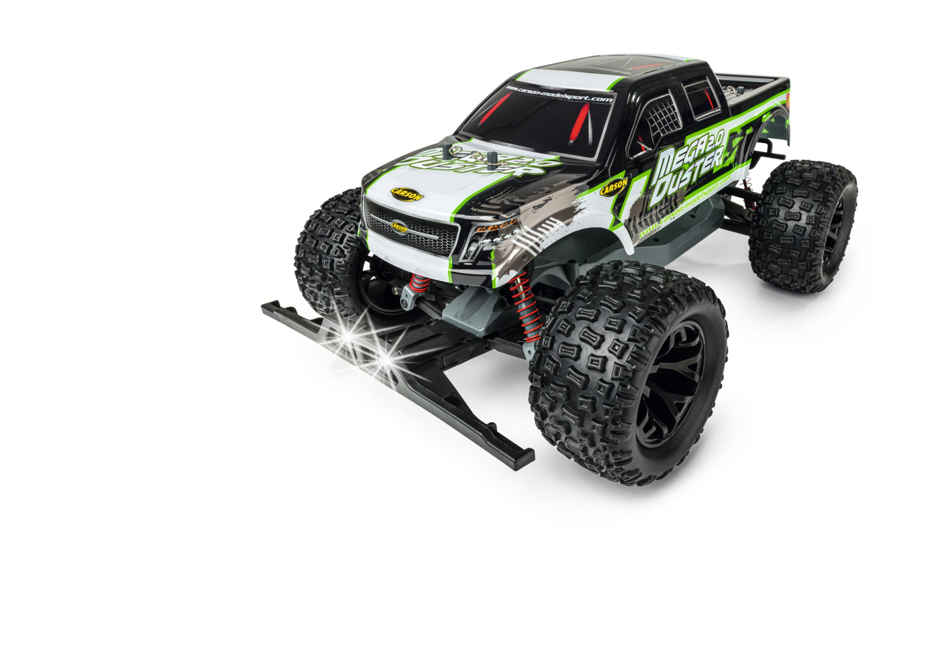 Ein weißer, schwarzer und grüner Spielzeug-Monster-Truck auf weißem Hintergrund.