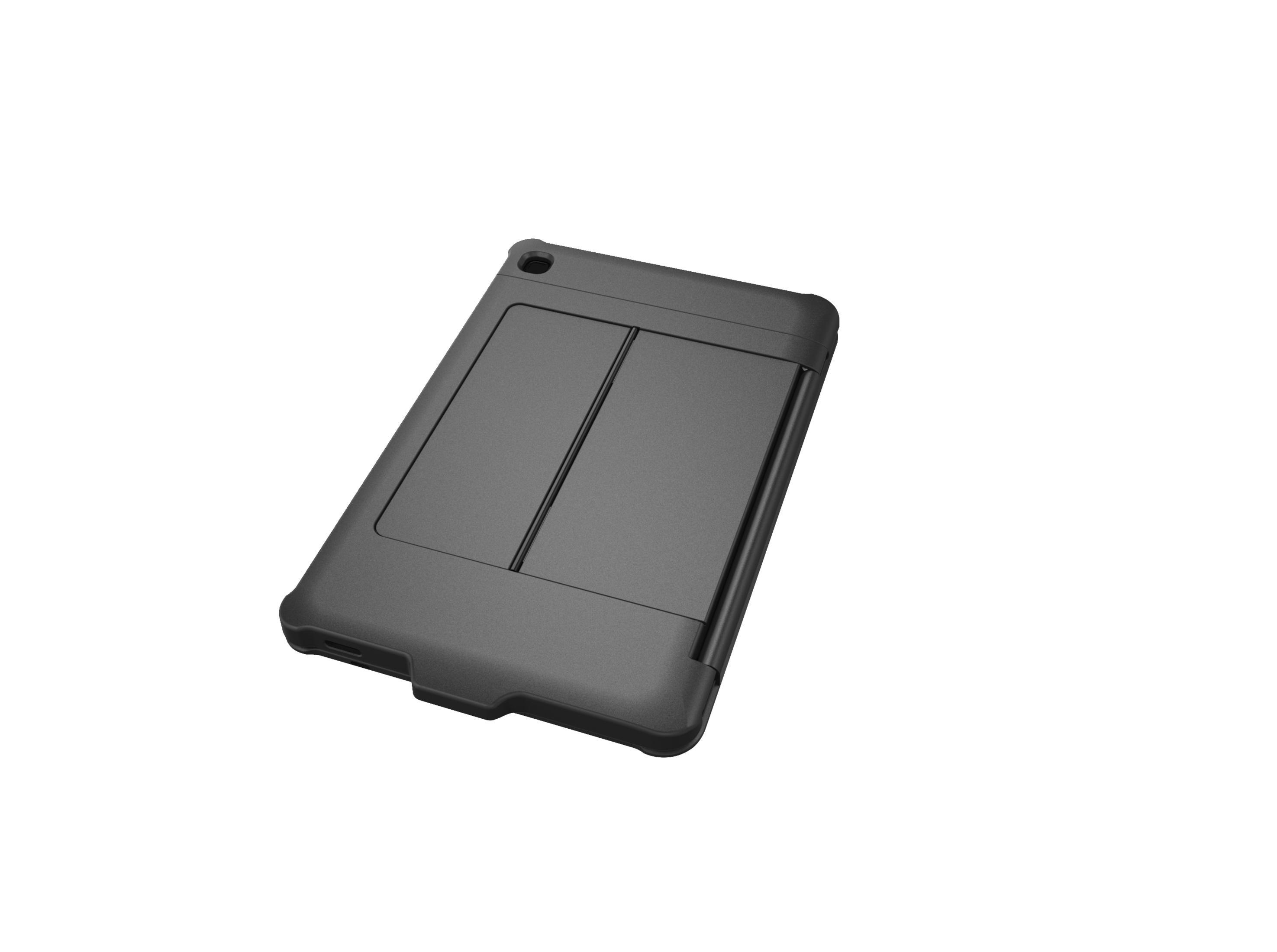 Eine geschlossene, schwarze Tablethülle mit einem Faltcover. Sie befindet sich auf einem weißen Hintergrund.