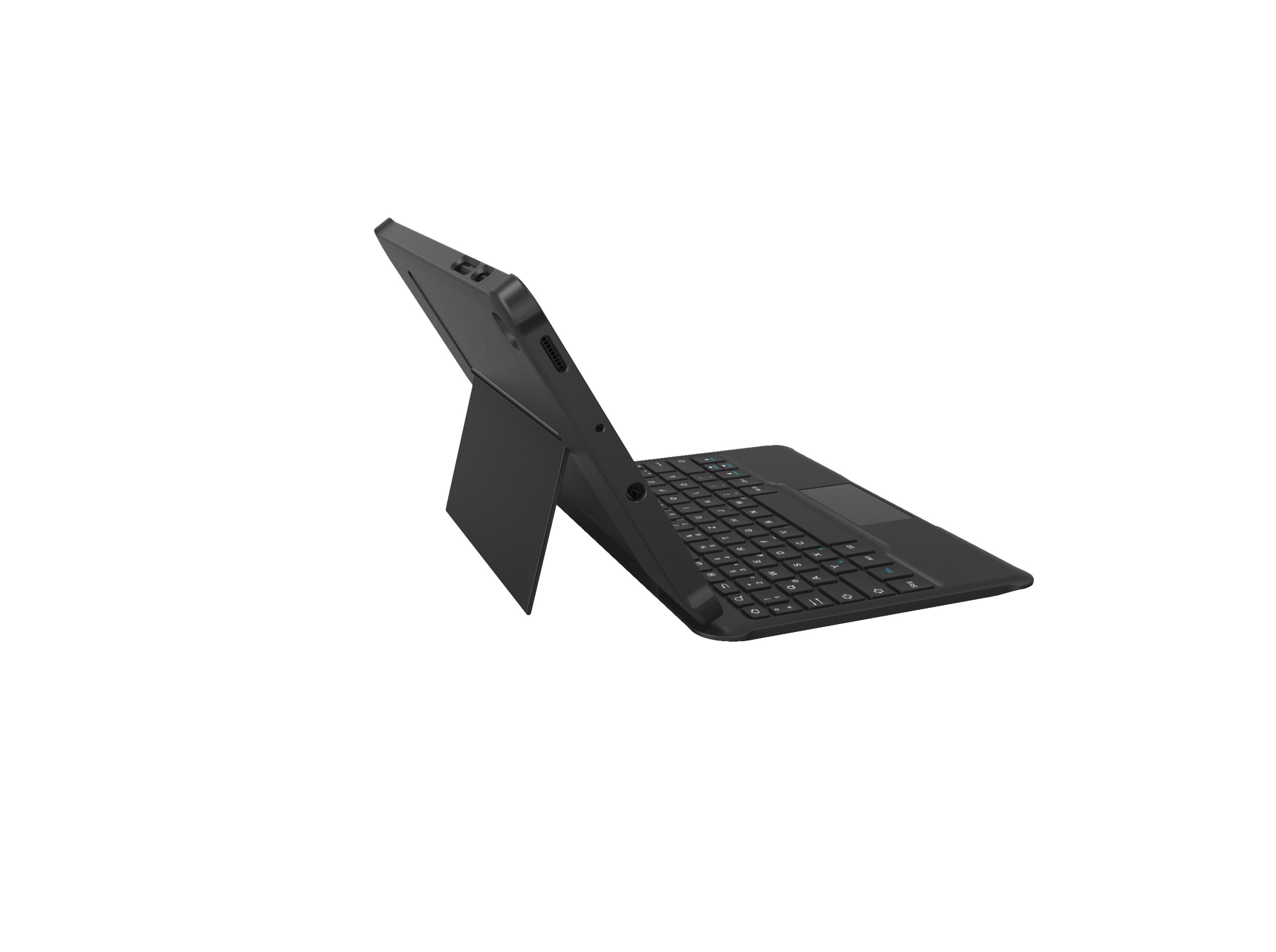 Ein schwarzes Tablet mit angeschlossener Tastatur. Der Bildschirm ist nach oben abgewinkelt und zeigt die Tastatur und das Tablet selbst.