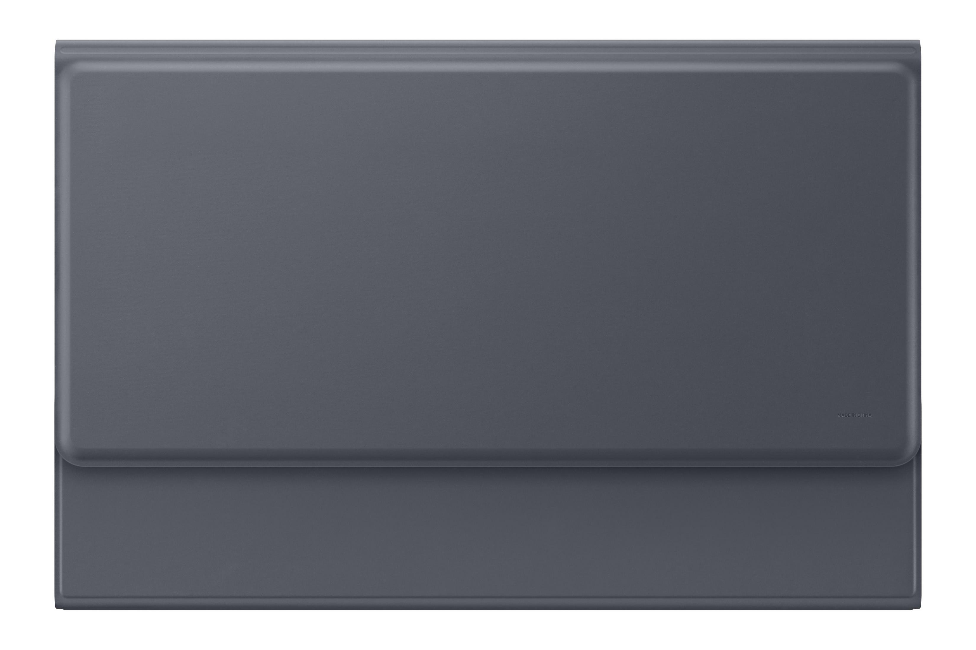 Dunkelgraue Tablet-Tastaturabdeckung. Geschlossen, flach, mit einfachem Design und Logo.