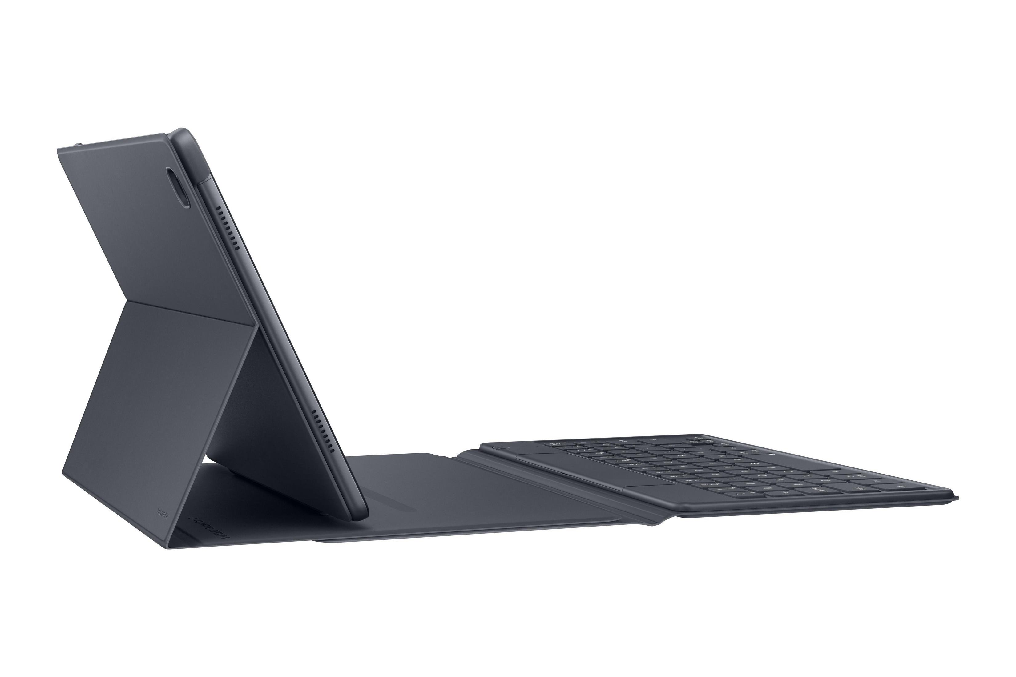 Ein dunkelblaues Tablet mit Tastaturhülle vor weißem Hintergrund.