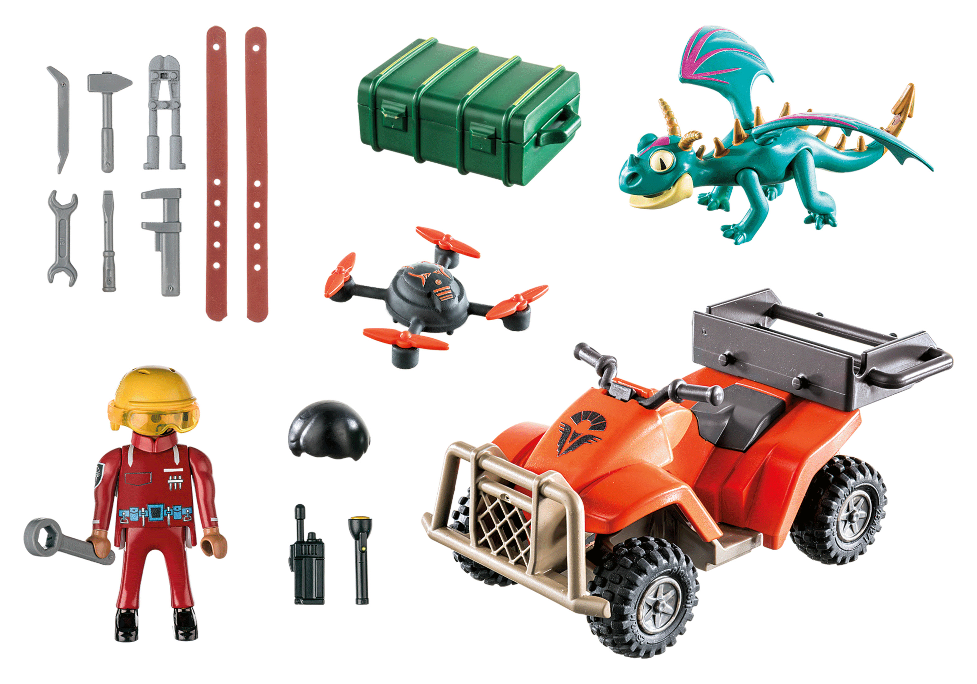 Set di giocattoli con un ATV rosso, un drago verde, attrezzi e una figura con un casco.