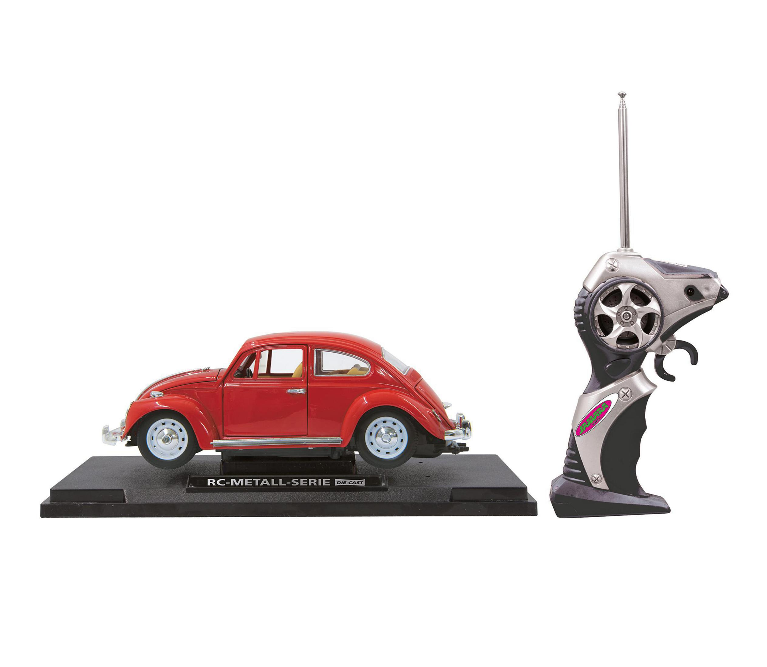 Rotes Spielzeugauto mit Fernbedienung. Das Auto ist rot, der Sockel schwarz, die Fernbedienung silber/schwarz.