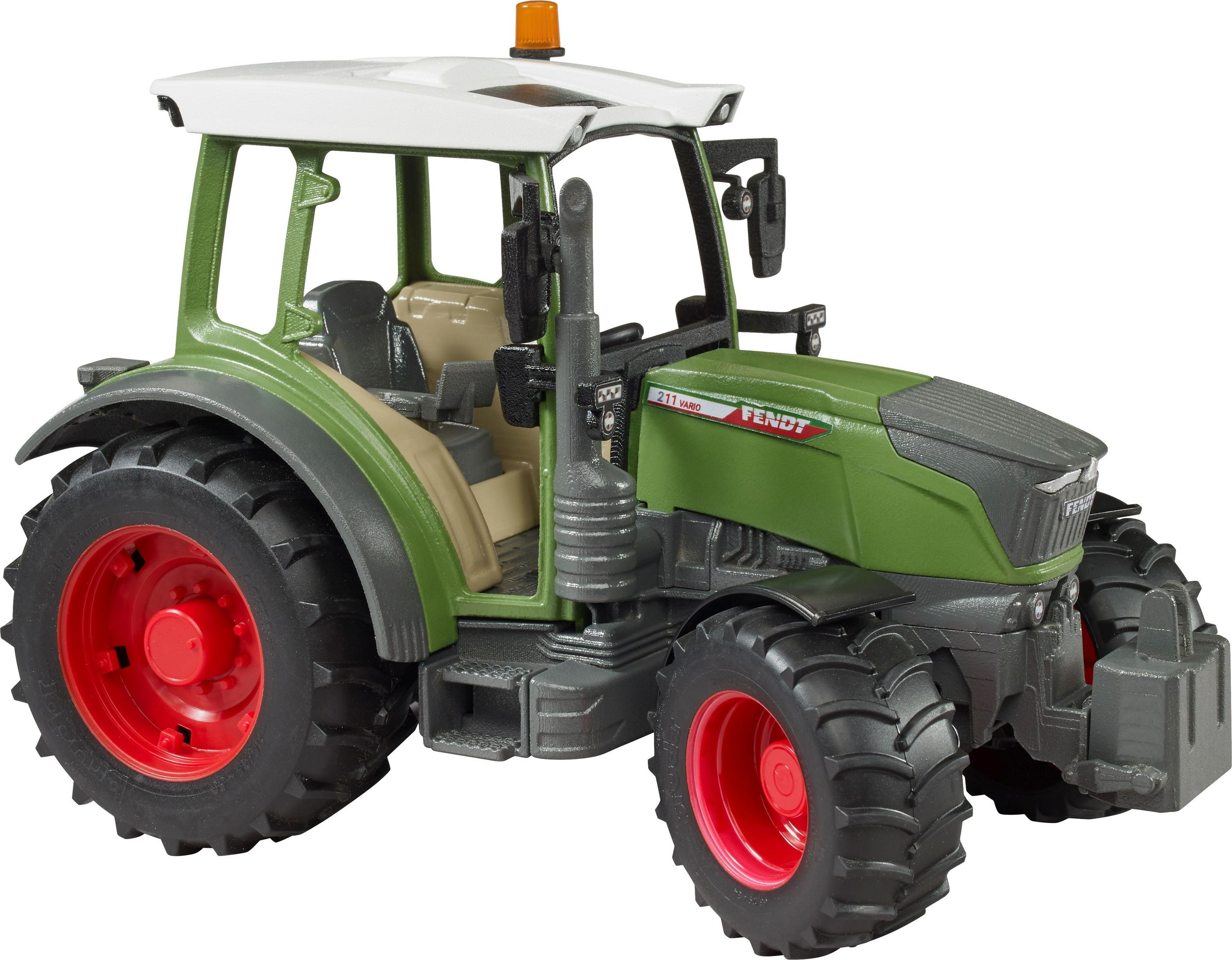 Ein grüner und roter Traktor mit weißem Dach, vor weißem Hintergrund.