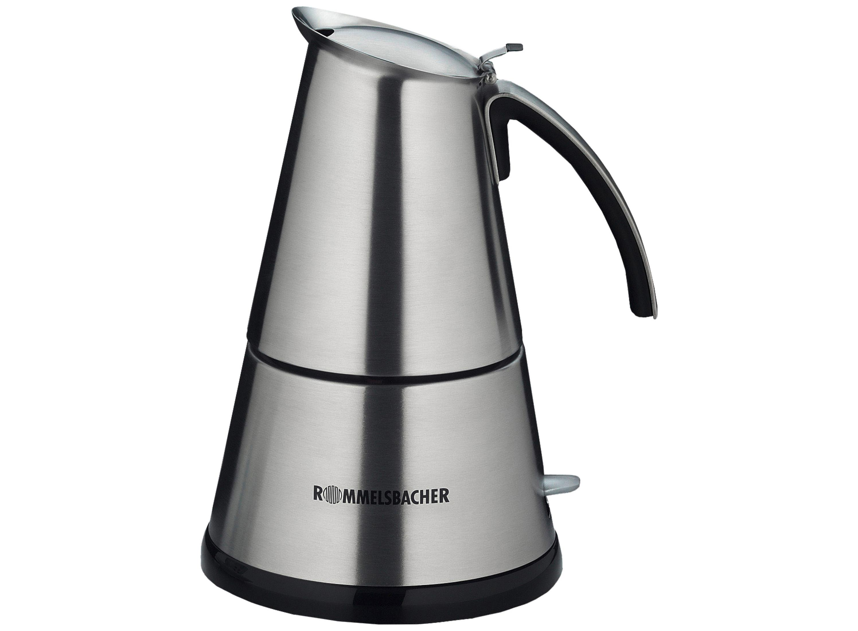 Eine Kaffeemaschine aus Edelstahl. Sie hat einen Griff an der Seite. Weißer Hintergrund.